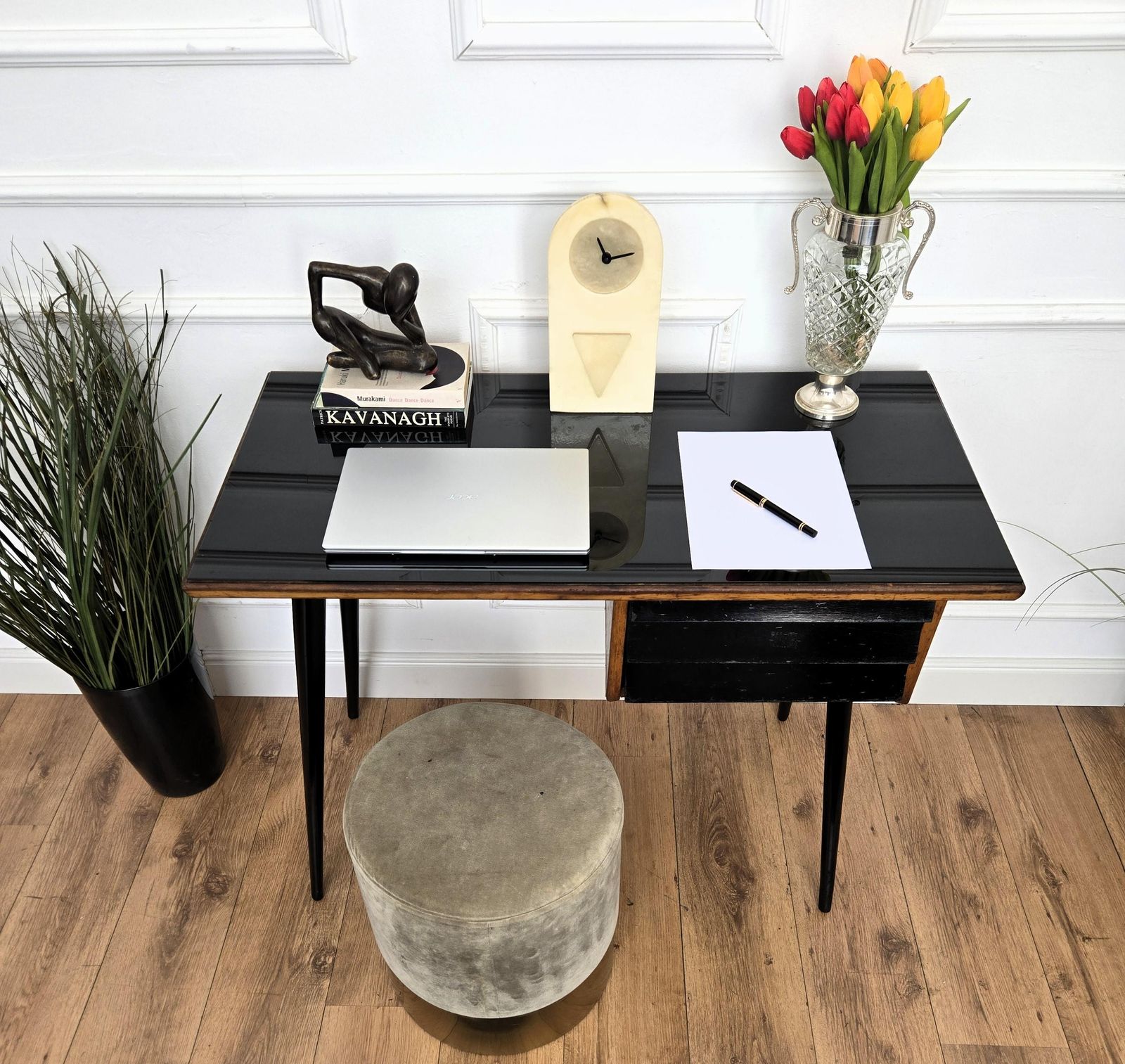 1950s Art Deco Mid Century Italian Walnut Burl Wood Glass Top Writing Desk Table photo Furniture