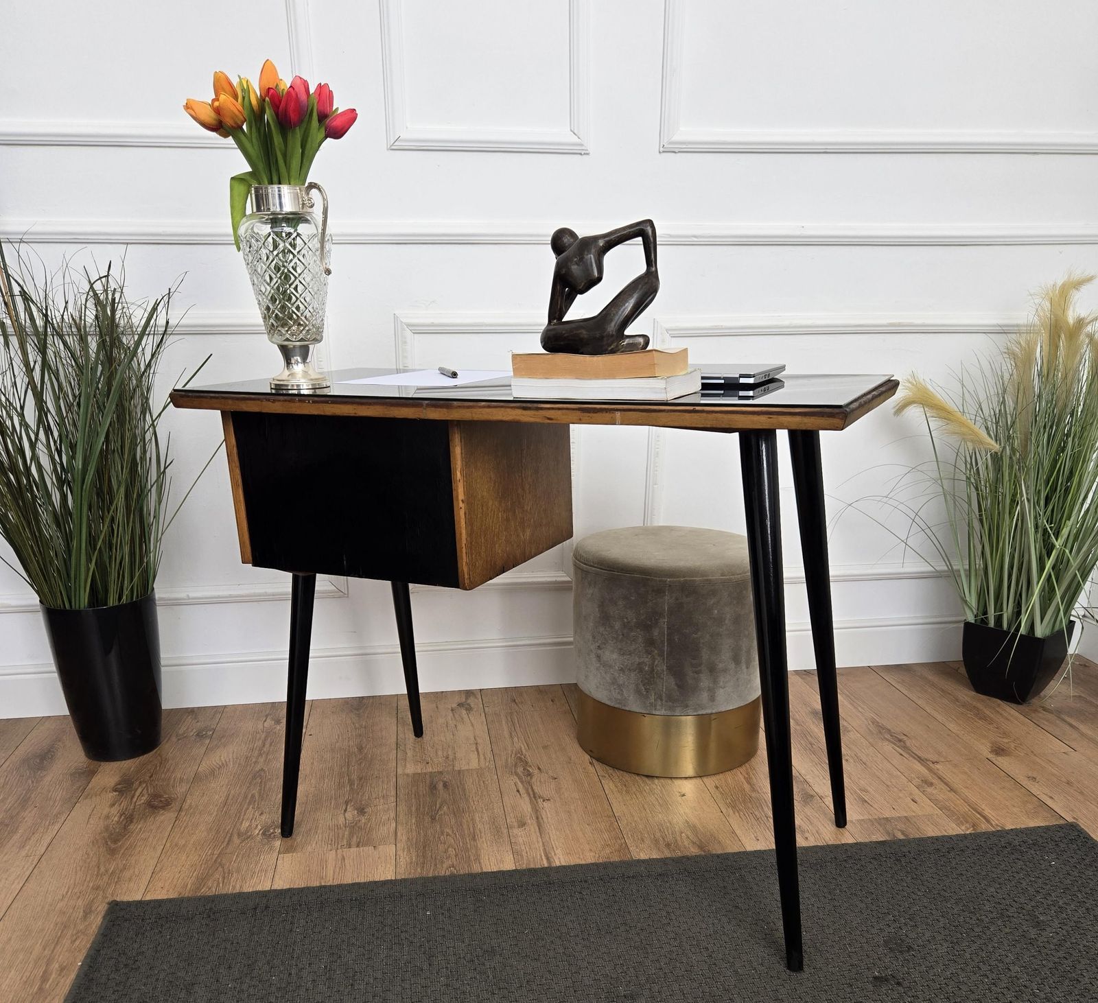 1950s Art Deco Mid Century Italian Walnut Burl Wood Glass Top Writing Desk Table photo 1915.0