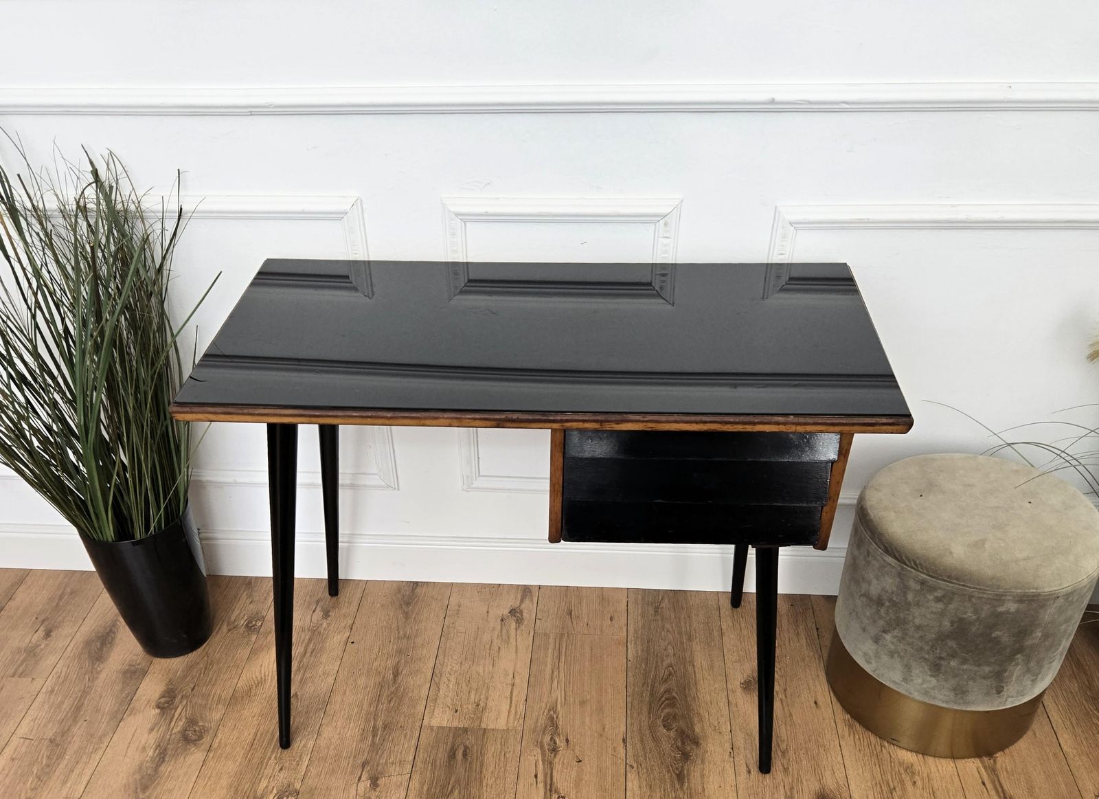 photo furniture 1950s Art Deco Mid Century Italian Walnut Burl Wood Glass Top Writing Desk Table