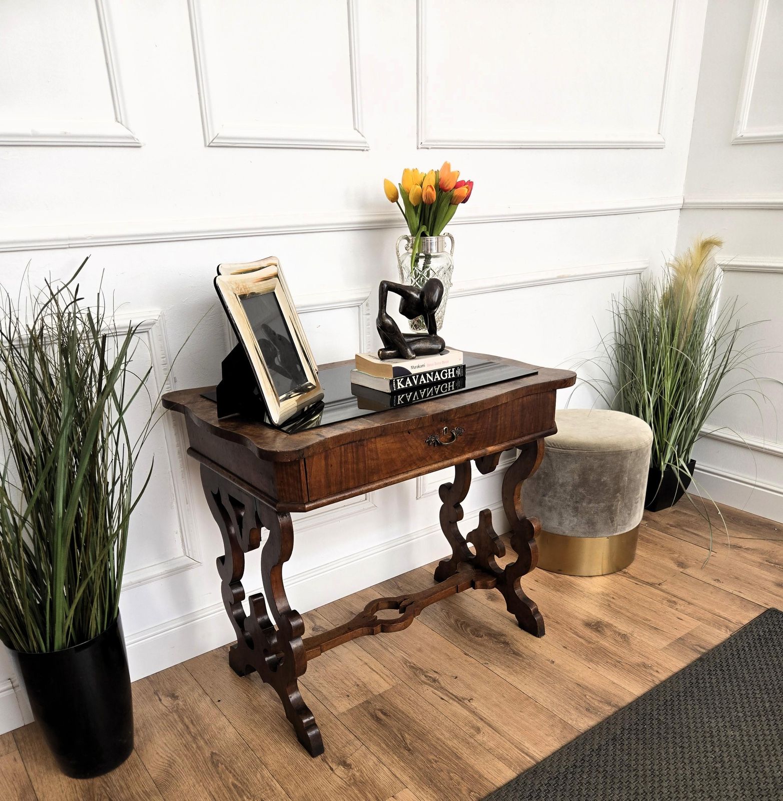 Italian Walnut Burl Wood Deco Baroque Style Lyre Leg Trestle Side Console Table photo furniture
