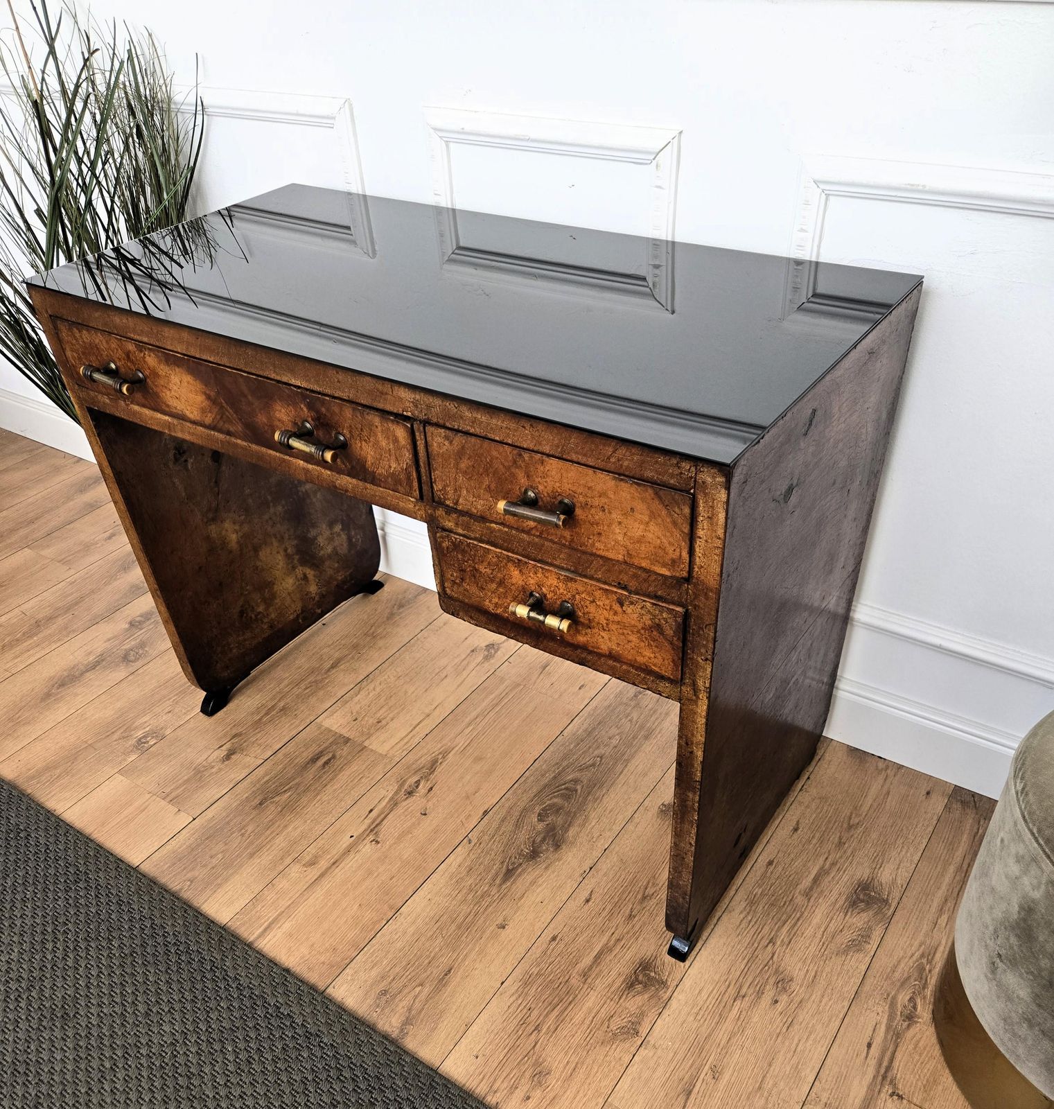 1940s Art Deco Midcentury Italian Walnut Burl Wood Glass Top Writing Desk Table photo buy