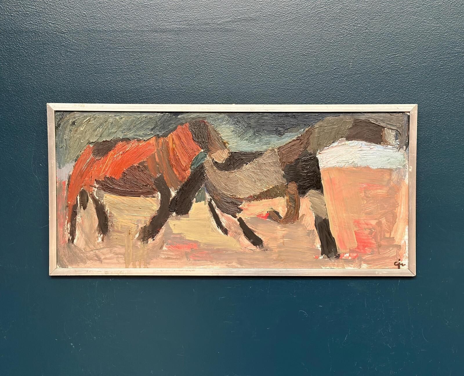 Original Mid Century Swedish Oil On Panel – “Two Horses” By Calle Johansson –  1959 – Vintage & Framed – 35 × 75 Cm (13.8" × 29.5") photo furniture