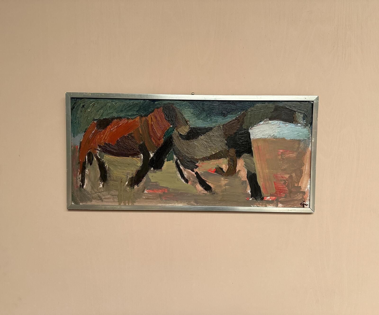 photo furniture Original Mid Century Swedish Oil On Panel – “Two Horses” By Calle Johansson –  1959 – Vintage & Framed – 35 × 75 Cm (13.8" × 29.5")