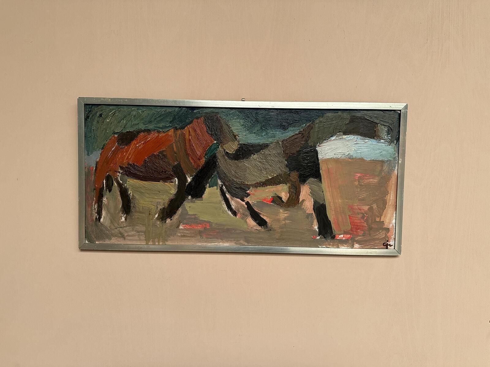 545.0 Original Mid Century Swedish Oil On Panel – “Two Horses” By Calle Johansson –  1959 – Vintage & Framed – 35 × 75 Cm (13.8" × 29.5") photo