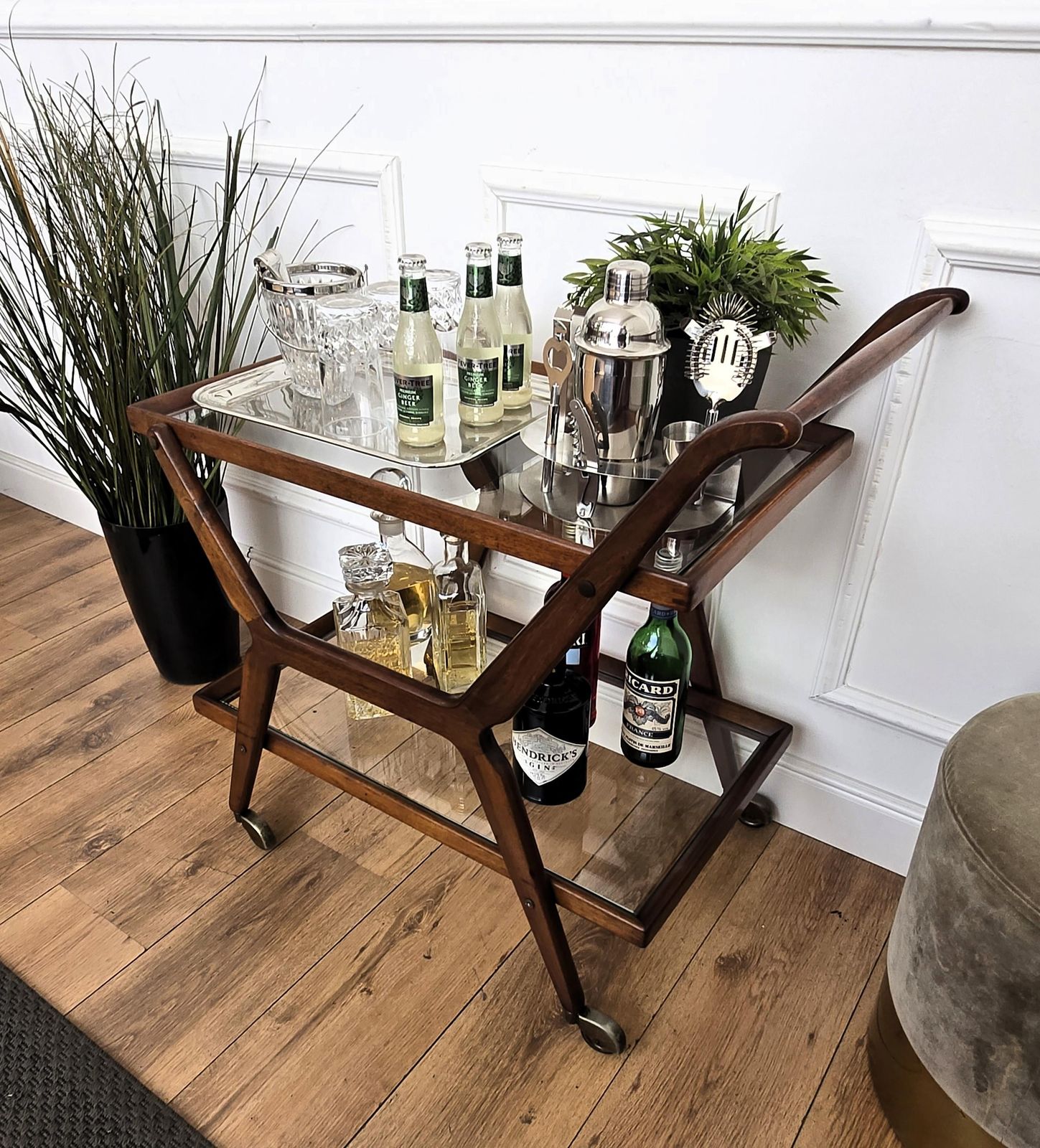 1950s Art Deco Mid Century Italian Wood And Brass Dry Bar Cabinet Liquor Cart photo Furniture