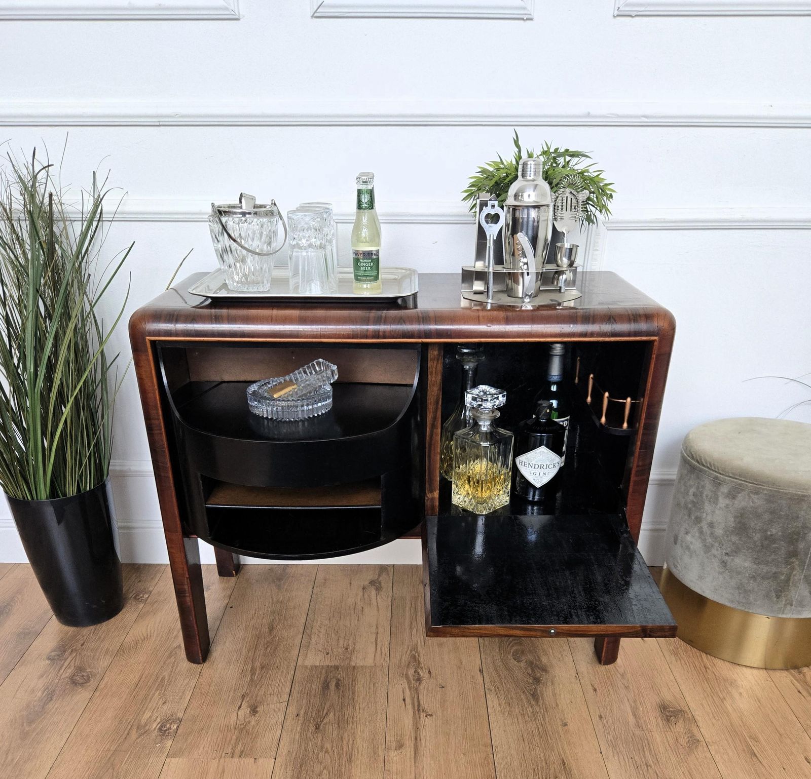 Italian 1940s Art Deco Mid Century Walnut Burl Dry Bar Cabinet photo vinterior