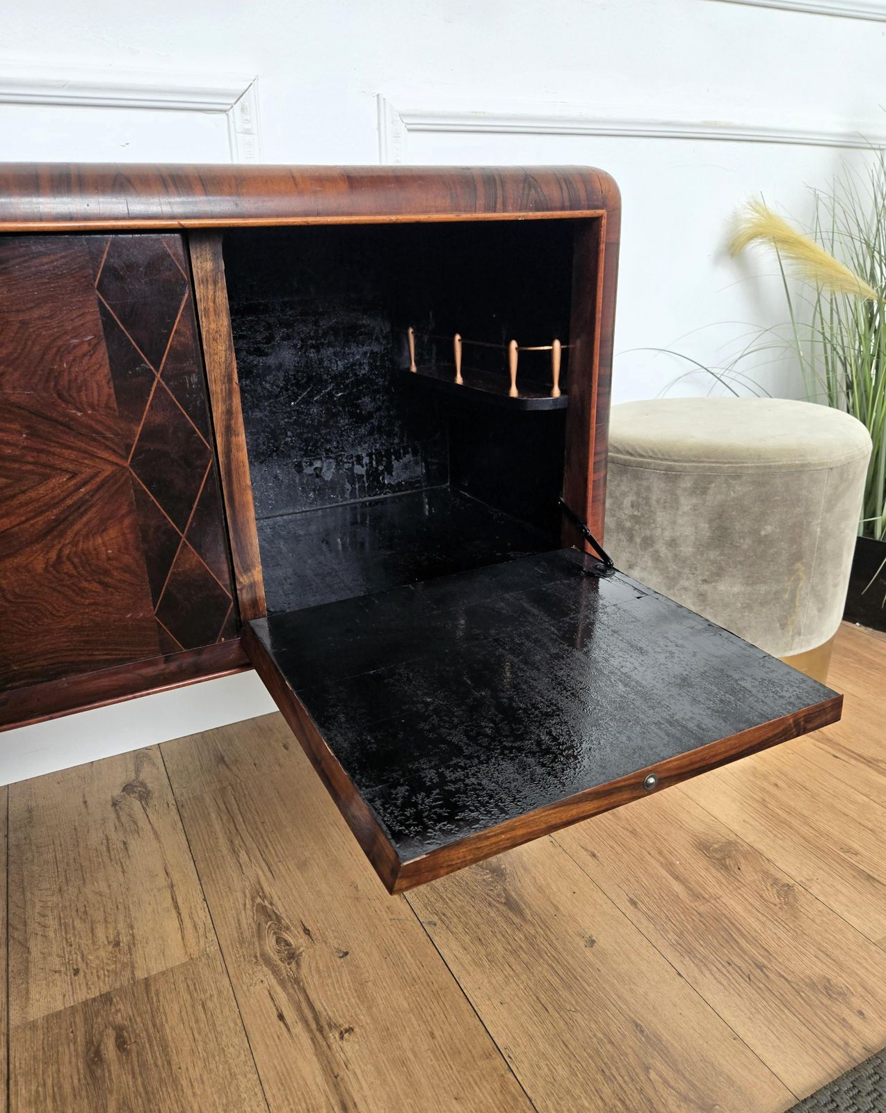photo for sale Italian 1940s Art Deco Mid Century Walnut Burl Dry Bar Cabinet