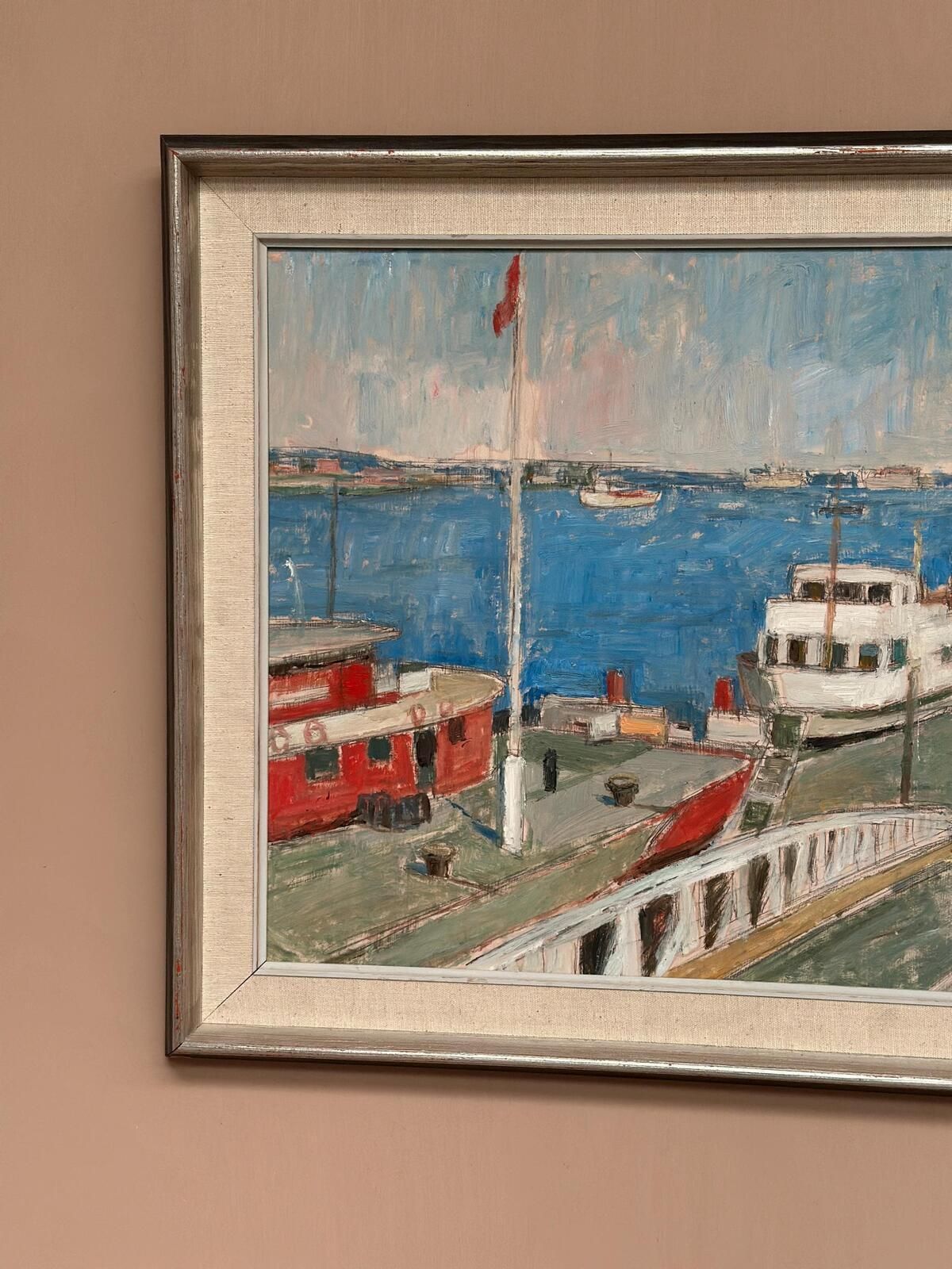 photo for sale Original Swedish Oil Painting – “Malmö Harbour” By John Hedman – Vintage & Framed – 69.5 × 49.5 Cm (27.4" × 19.5")