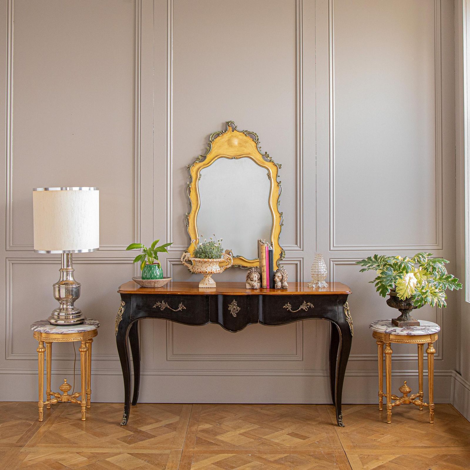 A French Louis XV Style Console With Black Lacquer & Walnut Finish By La Maison photo furniture