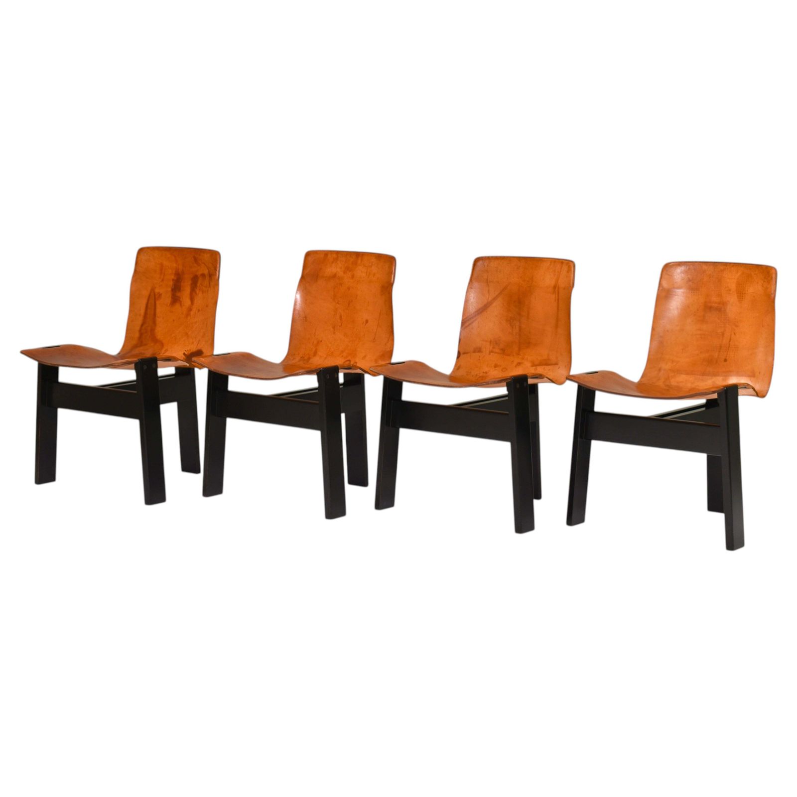 Set Of 4 Mangiarotti For Skipper ‘Tre 3’ Dining Chairs In Cognac Leather   1978