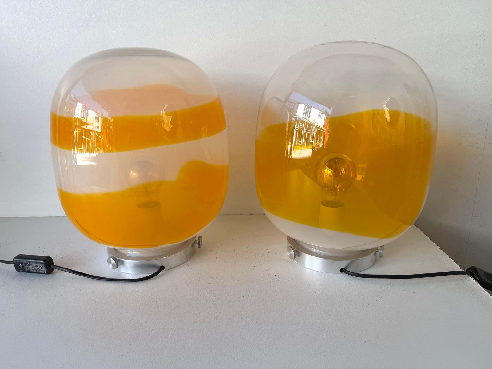 3308.0 Pair Of Murano Glass Orange White Smoke Saturn Lamps. Italy, 1970s photo