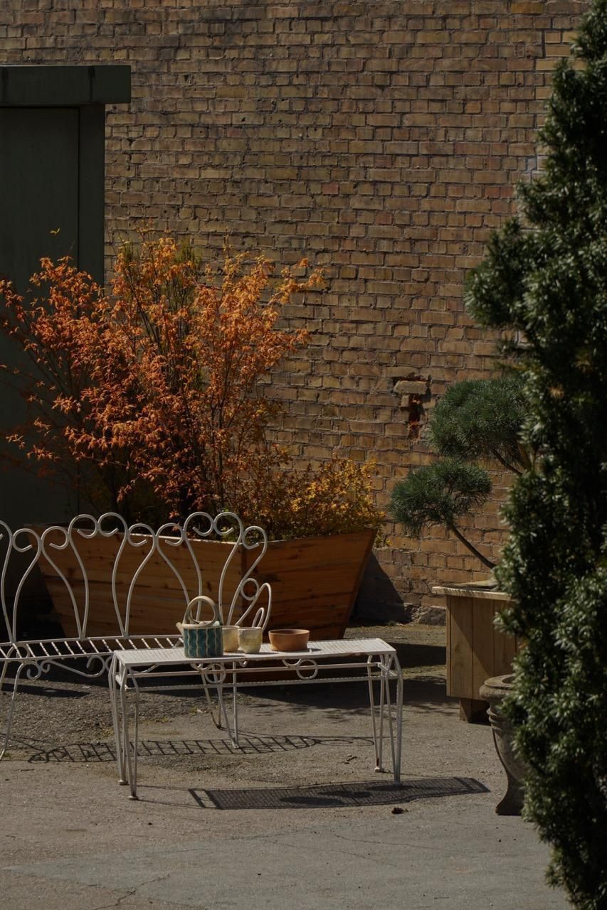 Mid Century Modern, French Garden Metal Coffee Table With Perforated Top, 1950s photo for sale