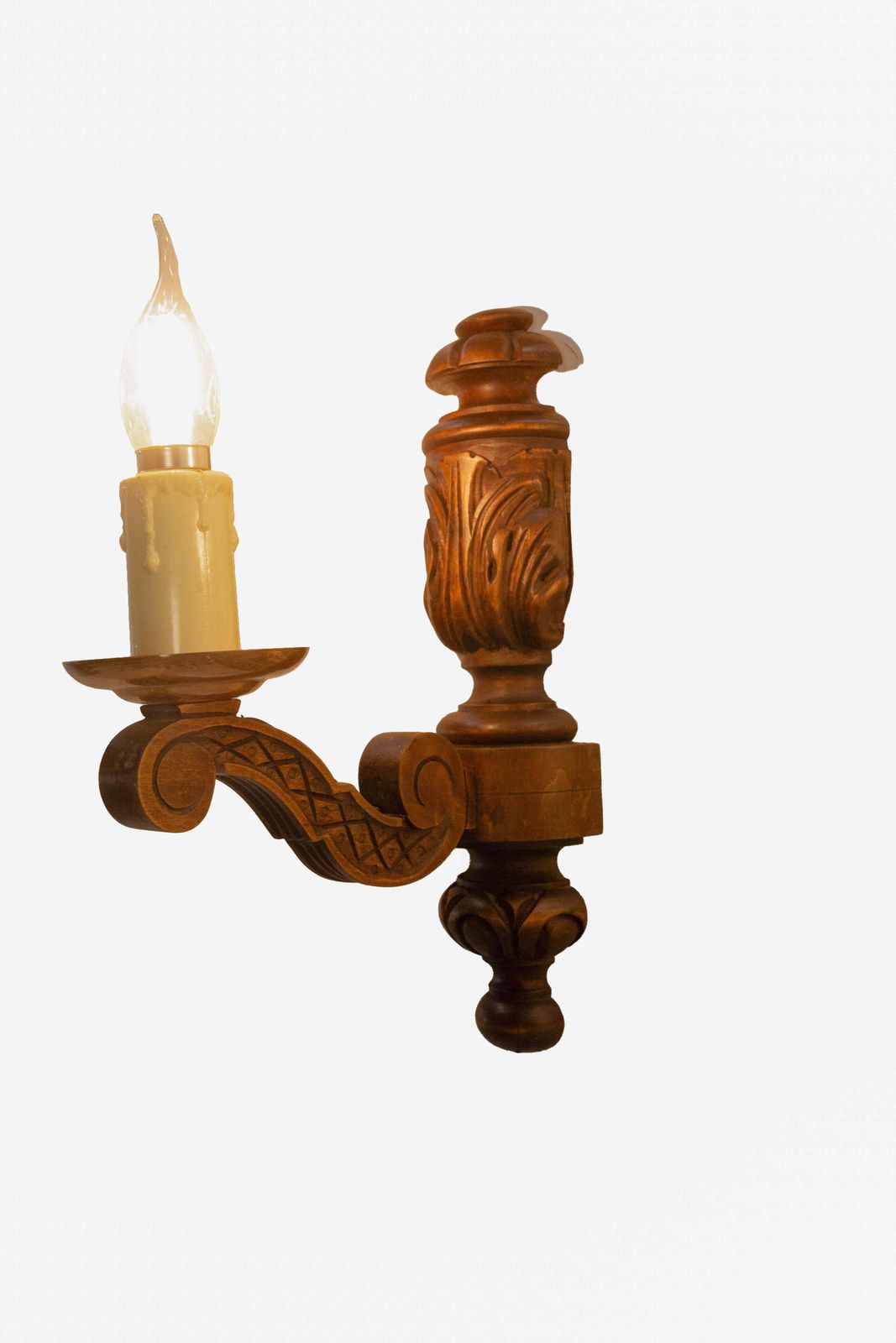 photo for sale Paar beukenhout & koper halve baluster wandlampen, Spaans, ca. 1970