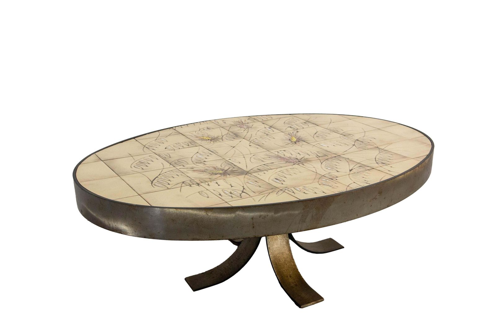 French Oval Coffee Table Vallauris Signed La Roue Ceramic & Steel Circa 1960 photo furniture
