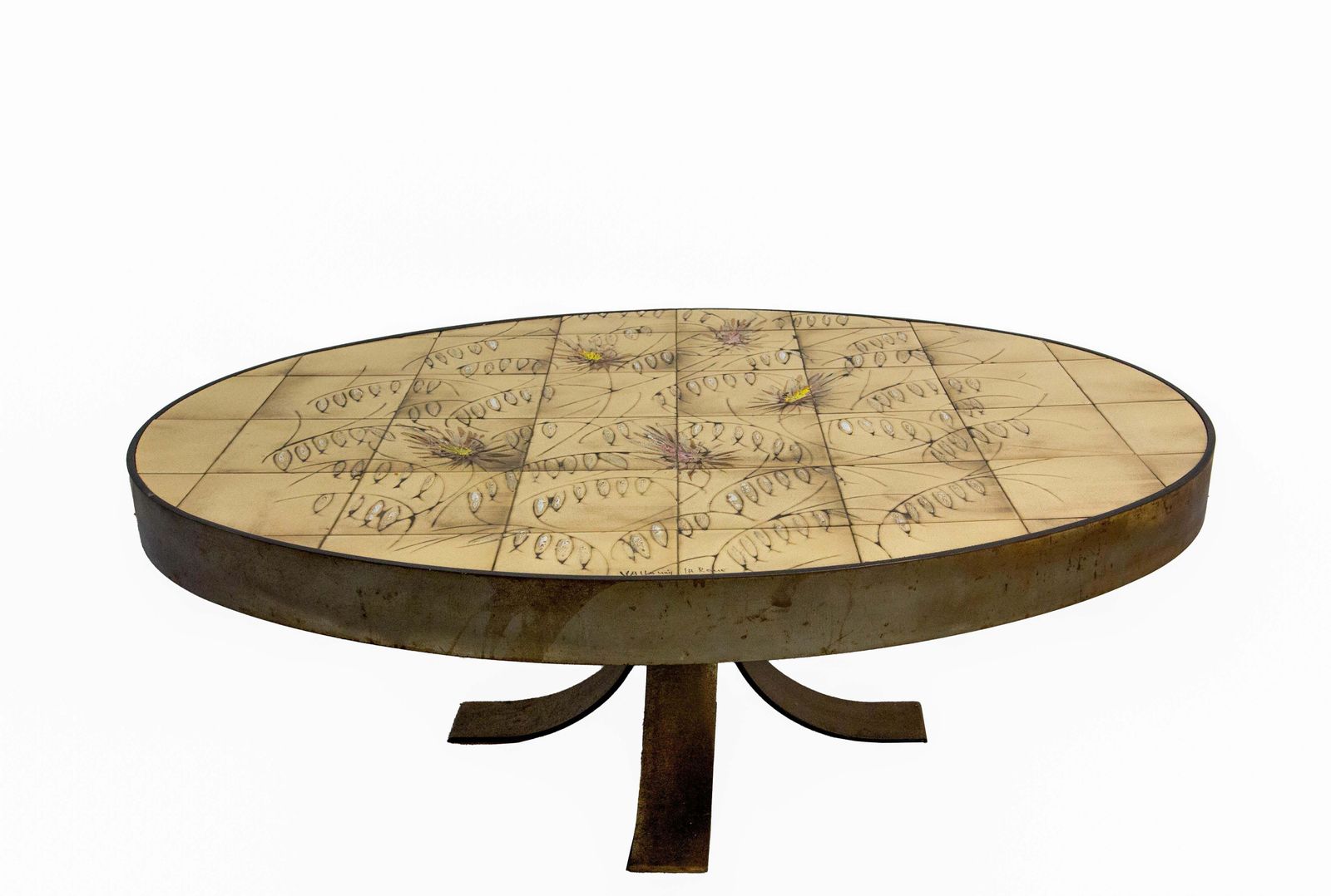 French Oval Coffee Table Vallauris Signed La Roue Ceramic & Steel Circa 1960 photo Furniture