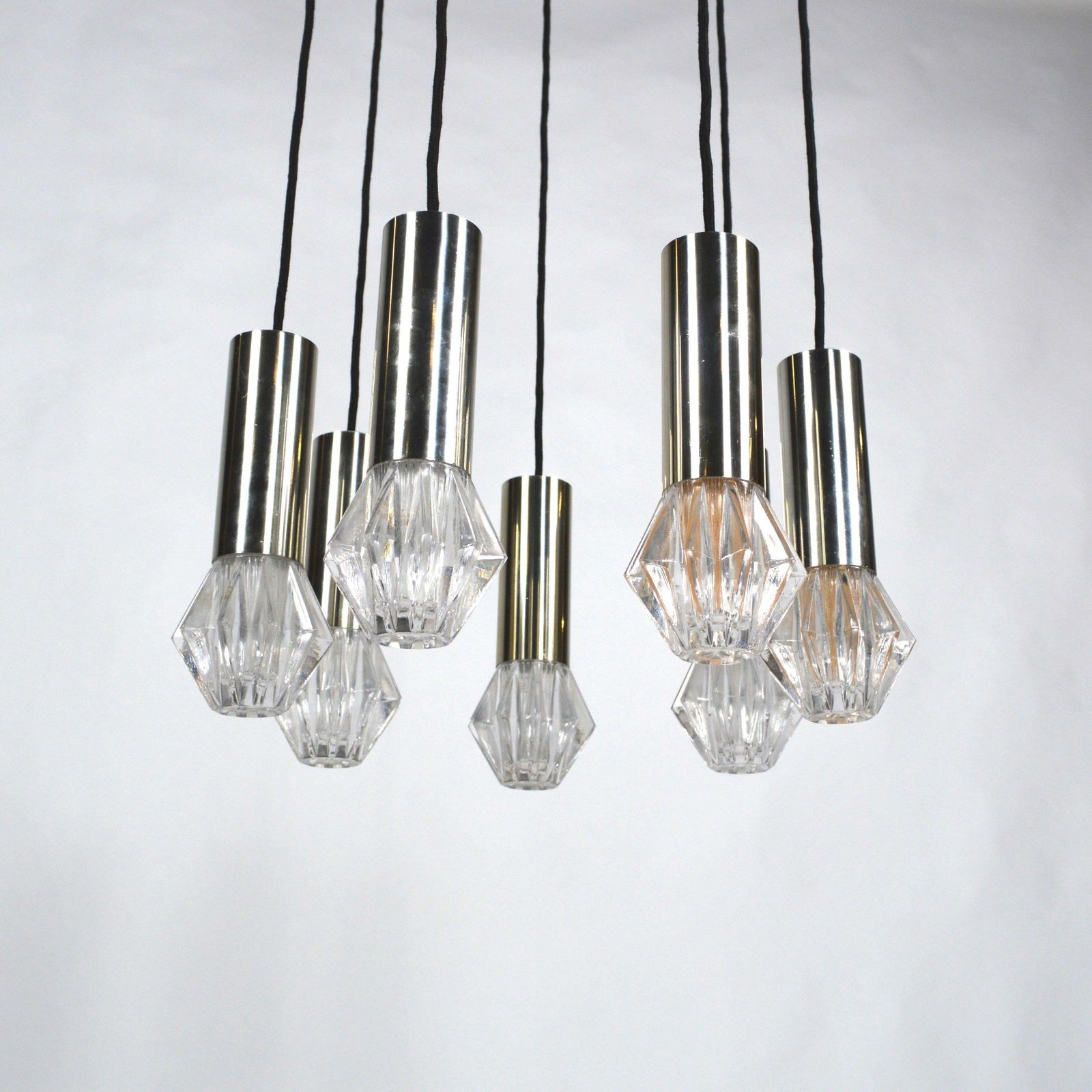 Lighting Mid Century Modern Chrome And Glass Chandelier By Raak, 42” photo