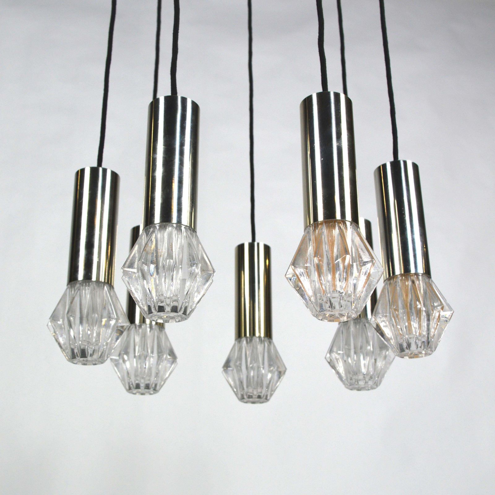 572.0 Mid Century Modern Chrome And Glass Chandelier By Raak, 42” photo
