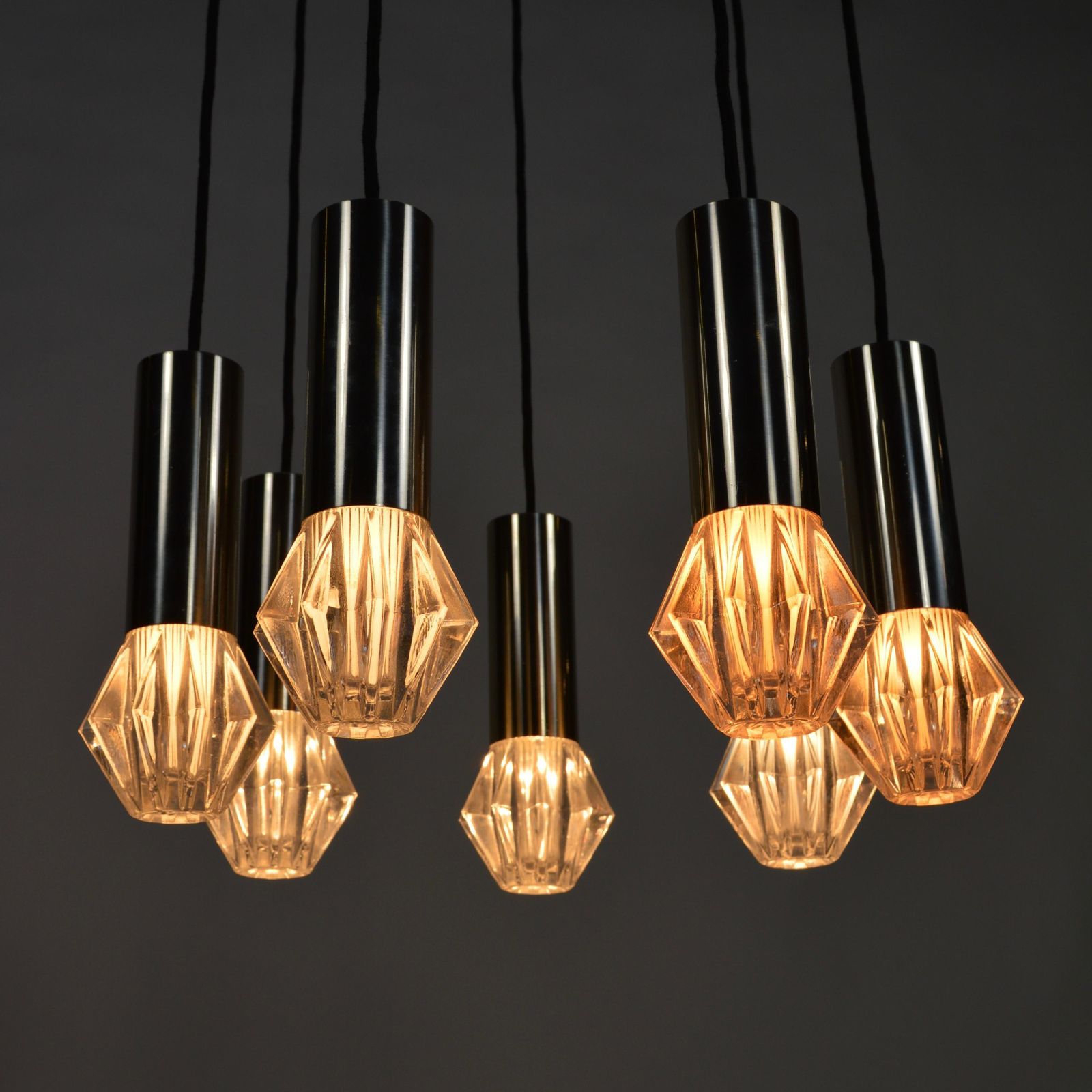 photo vinterior Mid Century Modern Chrome And Glass Chandelier By Raak, 42”