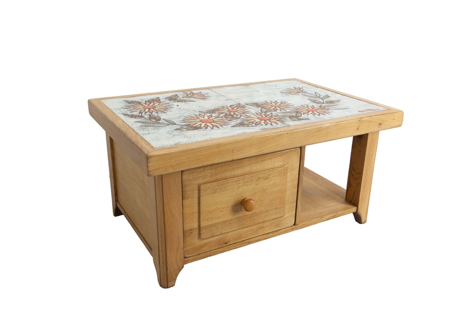 Franse eiken salontafel met keramische tegels, gesigneerd Monsan Picard, ca. 1970 photo furniture