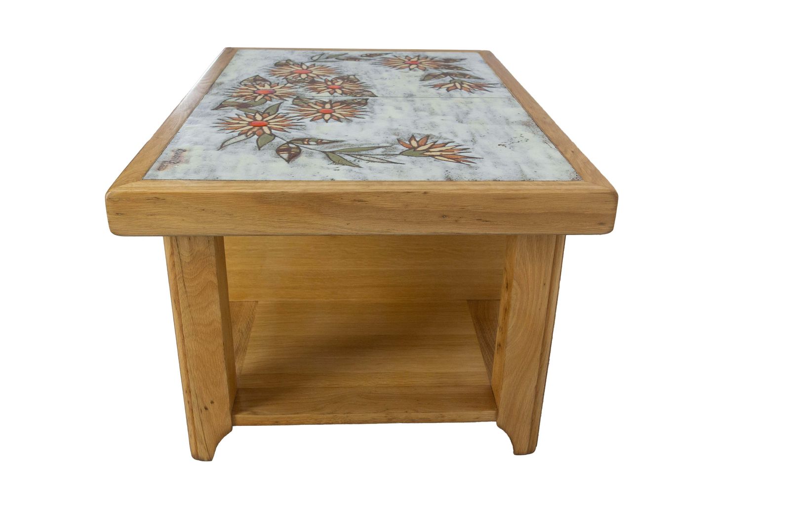 Franse eiken salontafel met keramische tegels, gesigneerd Monsan Picard, ca. 1970 photo Meubels