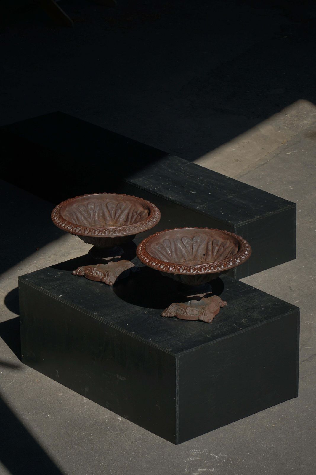Pair Of Antique Neoclassical Cast Iron Garden Urns / Vases, French, 1900s photo for sale
