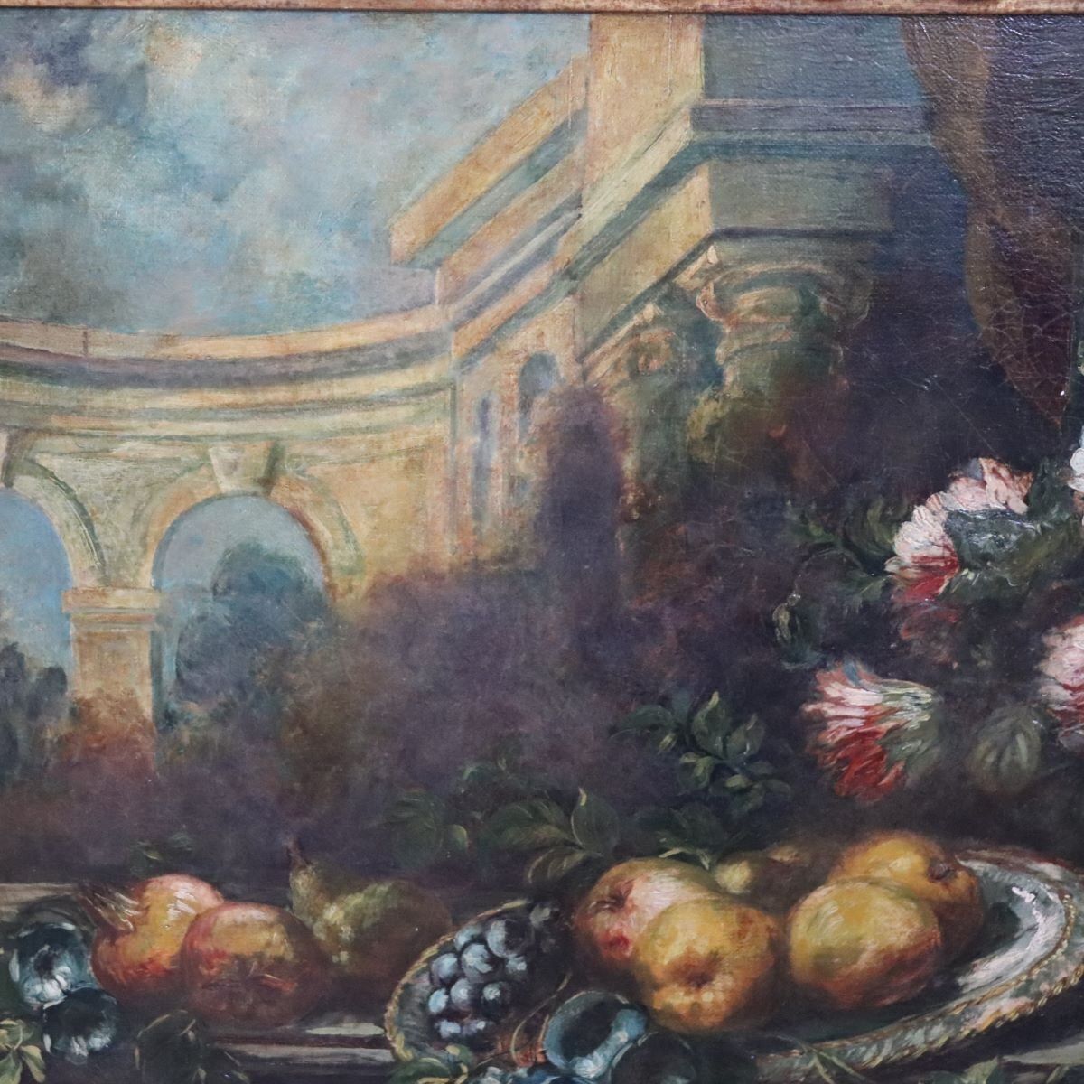 Still Life With Flowers And Fruits, 1800s, Large Oil On Canvas, Framed photo for sale