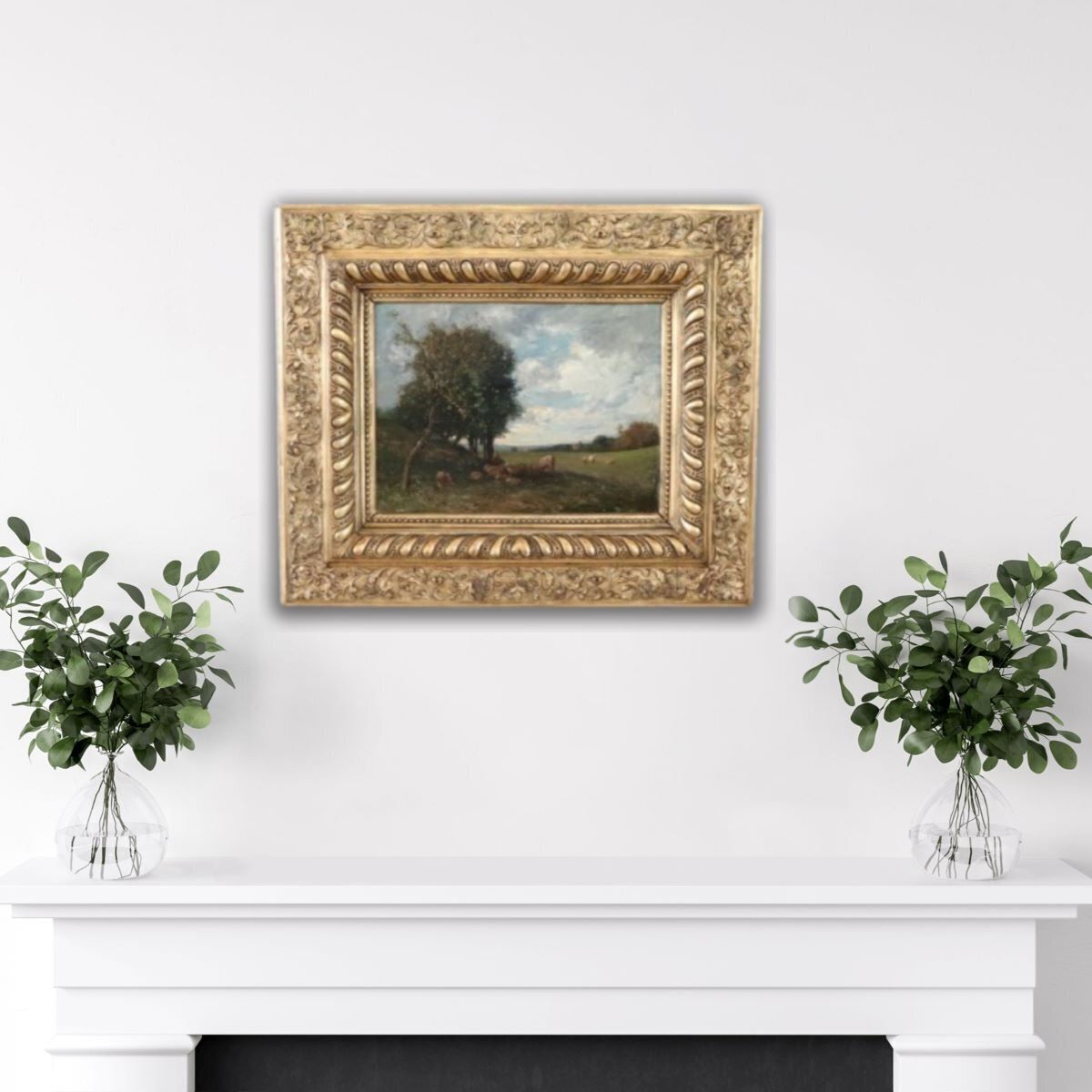 V. Bussolino, Landscape With Flock, Oil Painting On Board, 19th Century, Framed photo furniture