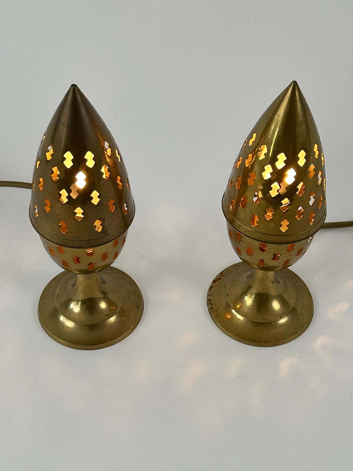 Set Of Two Rare & Lovely Perforated Brass Bedside Table Lamps Sweden 1960s photo vintage