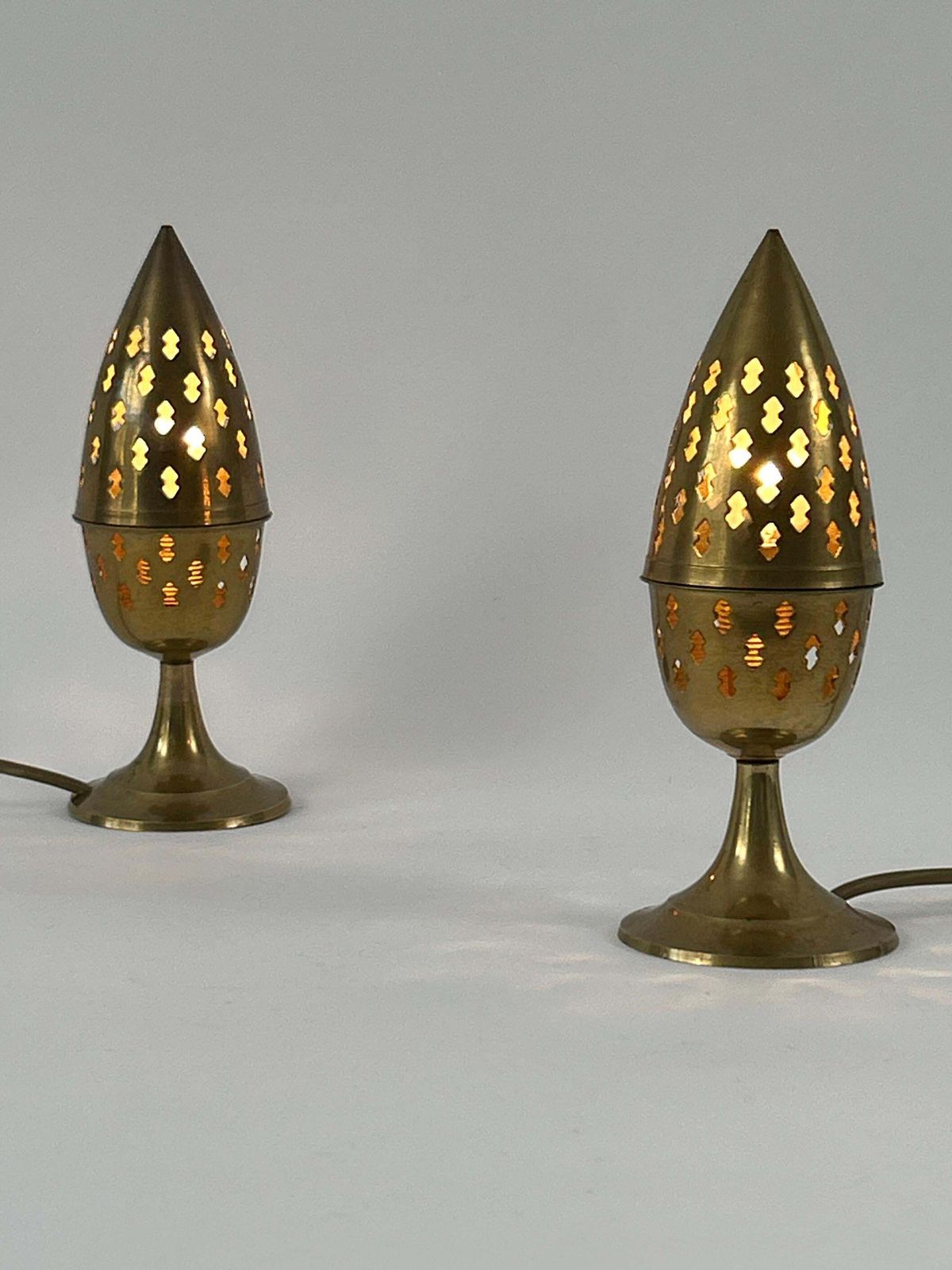 Lighting Set Of Two Rare & Lovely Perforated Brass Bedside Table Lamps Sweden 1960s photo