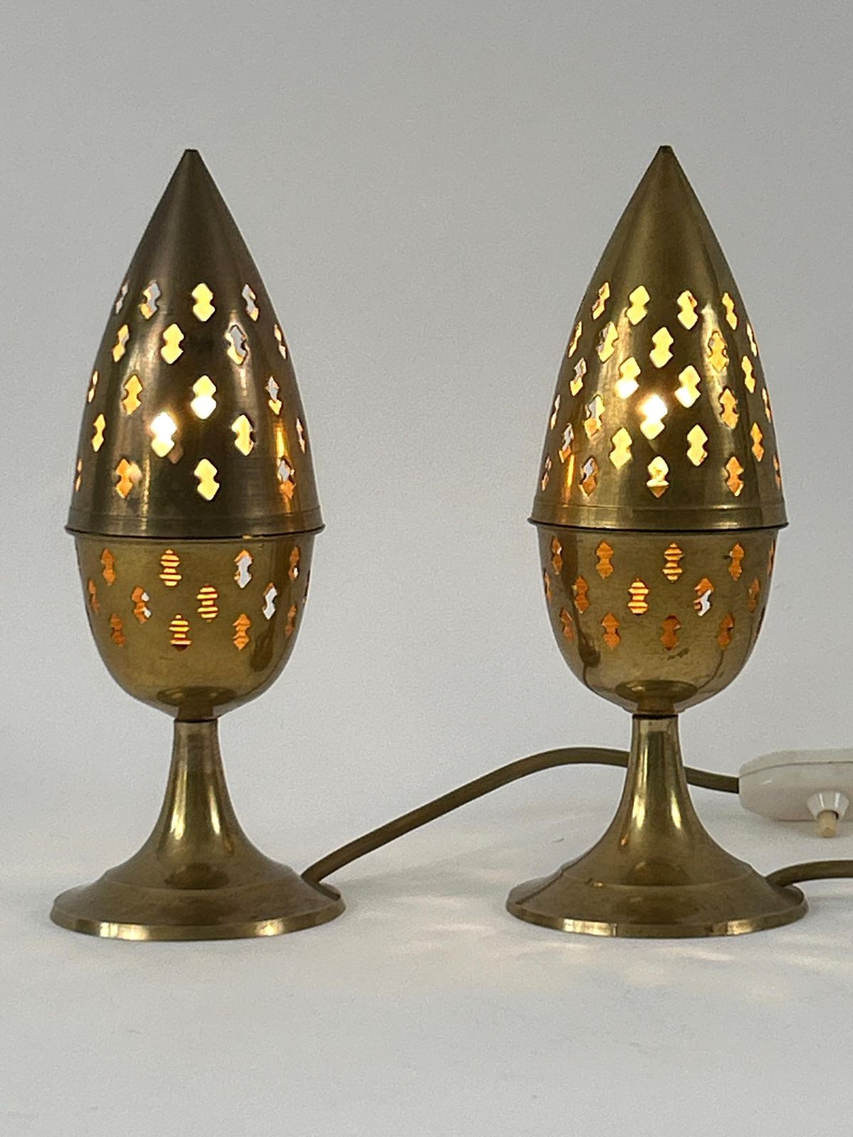 photo vinterior Set Of Two Rare & Lovely Perforated Brass Bedside Table Lamps Sweden 1960s