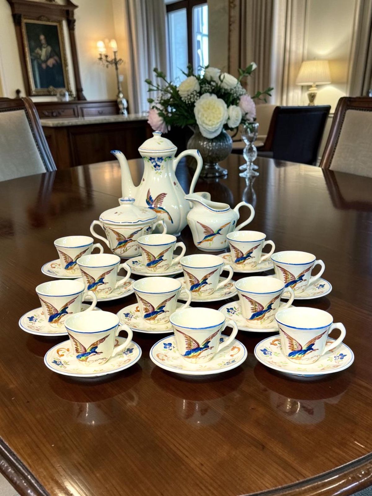 photo vinterior Moustiers " Cléry ", French Faience Hand Painted Tea / Coffee Service, 27 Pieces