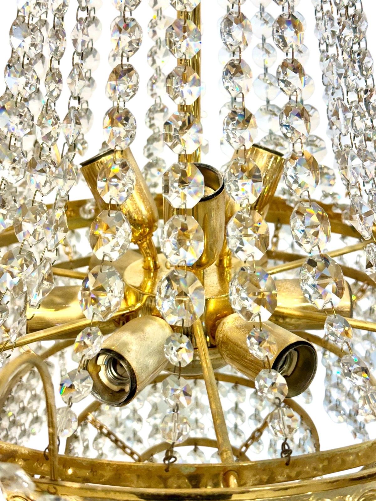 Pair Of Gilt Metal Chandeliers With Glass Drops, Mid 20th Century photo vinterior