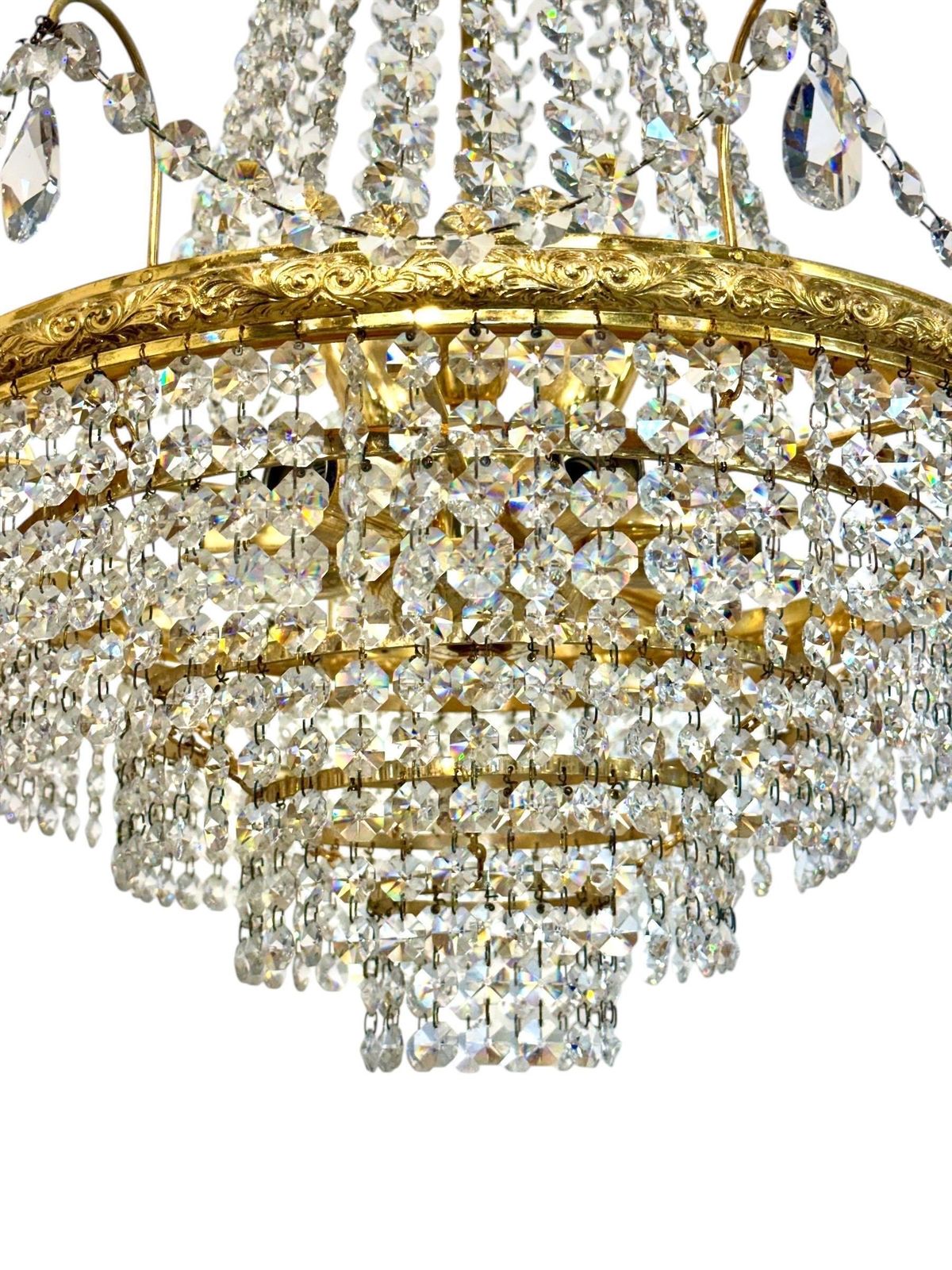 Pair Of Gilt Metal Chandeliers With Glass Drops, Mid 20th Century photo vintage