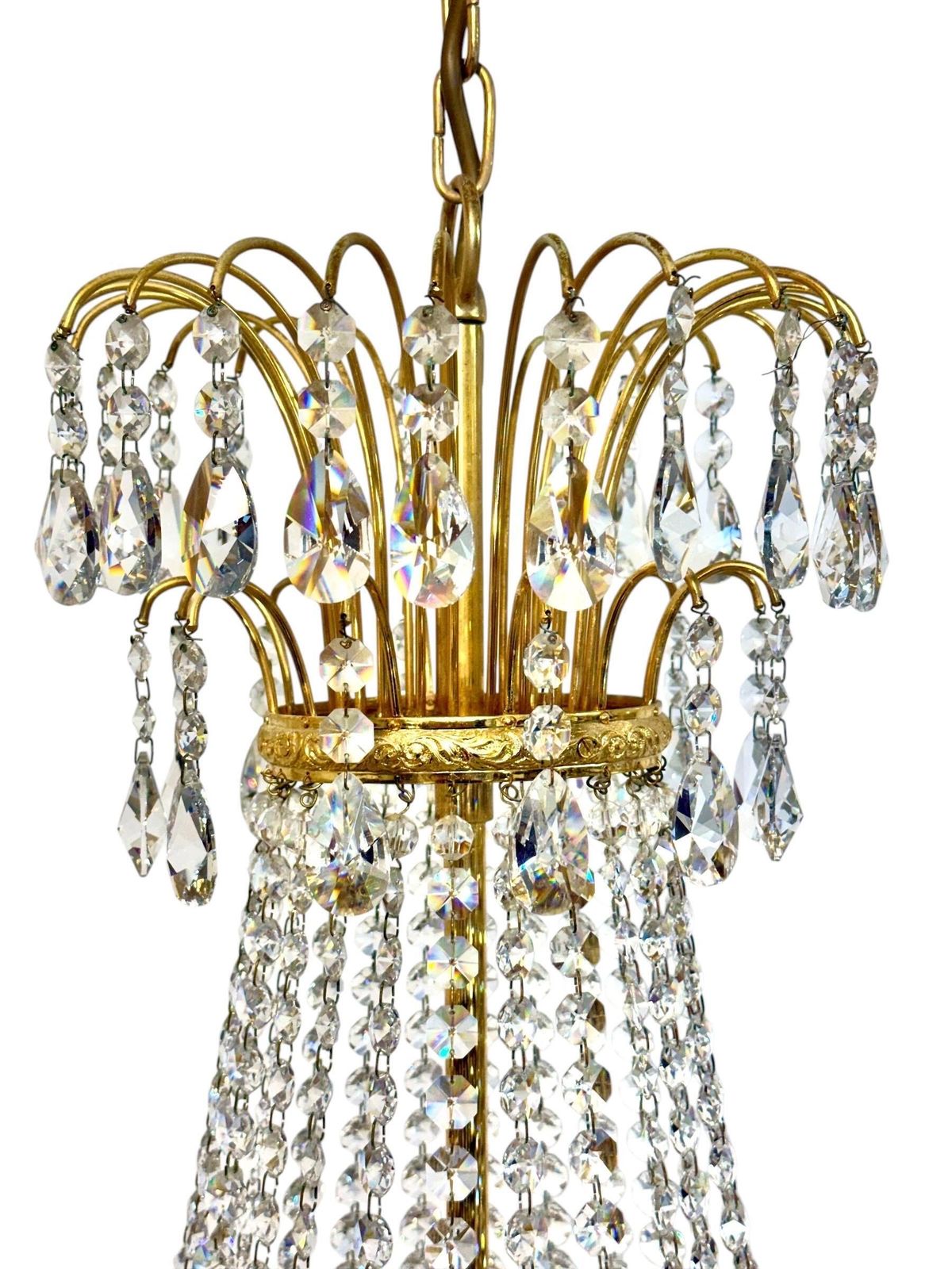 photo furniture Pair Of Gilt Metal Chandeliers With Glass Drops, Mid 20th Century