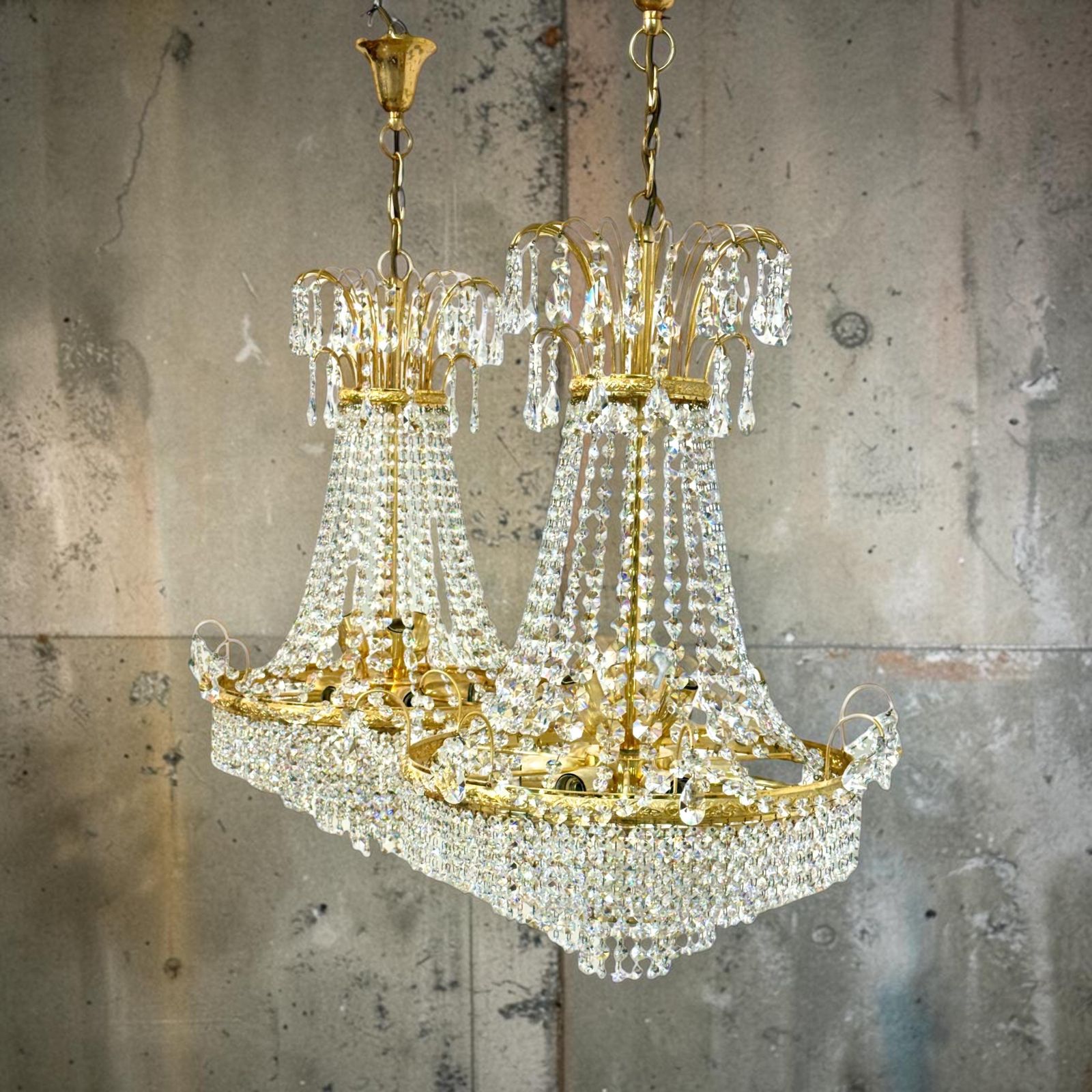 3299.0 Pair Of Gilt Metal Chandeliers With Glass Drops, Mid 20th Century photo