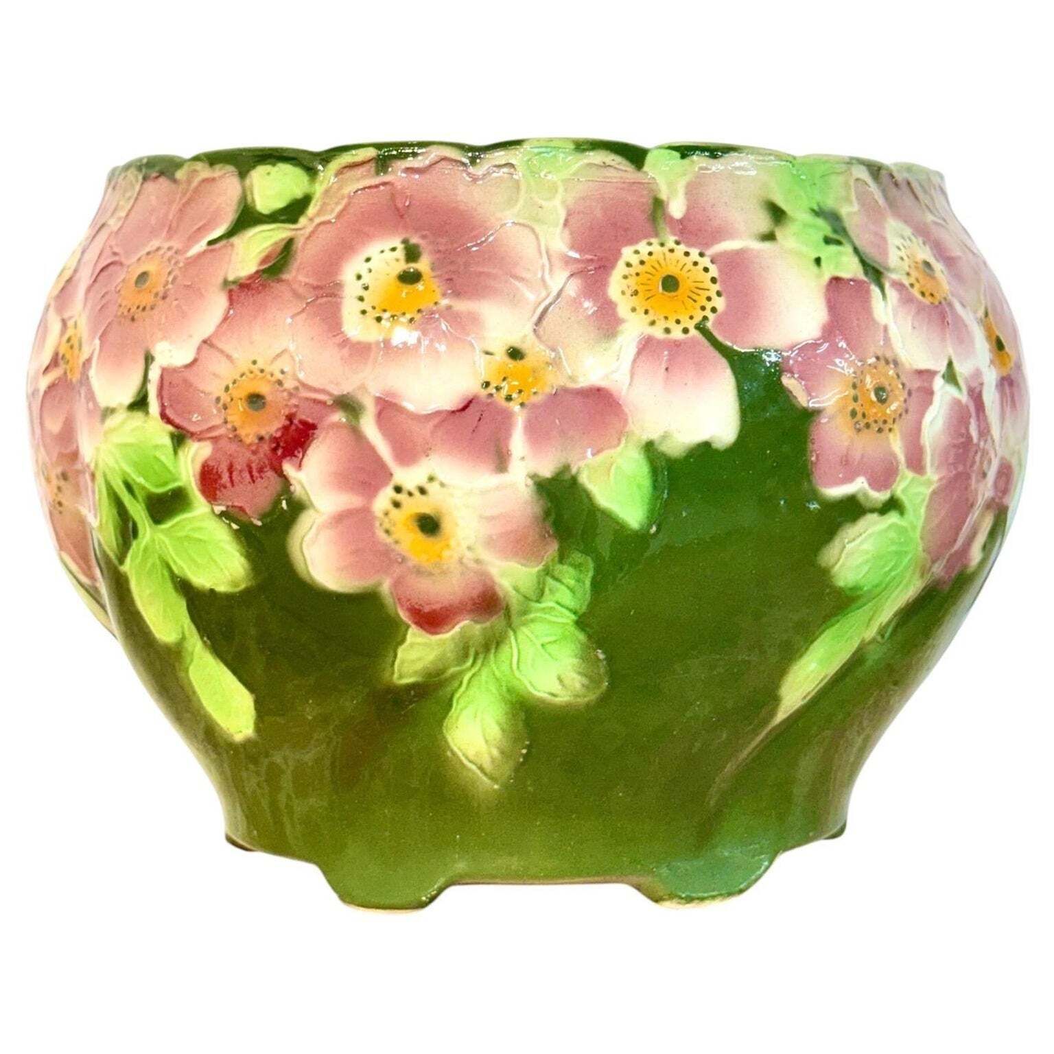 Antique Saint Clément Majolica Jardinière With Pink And Green Floral Motif