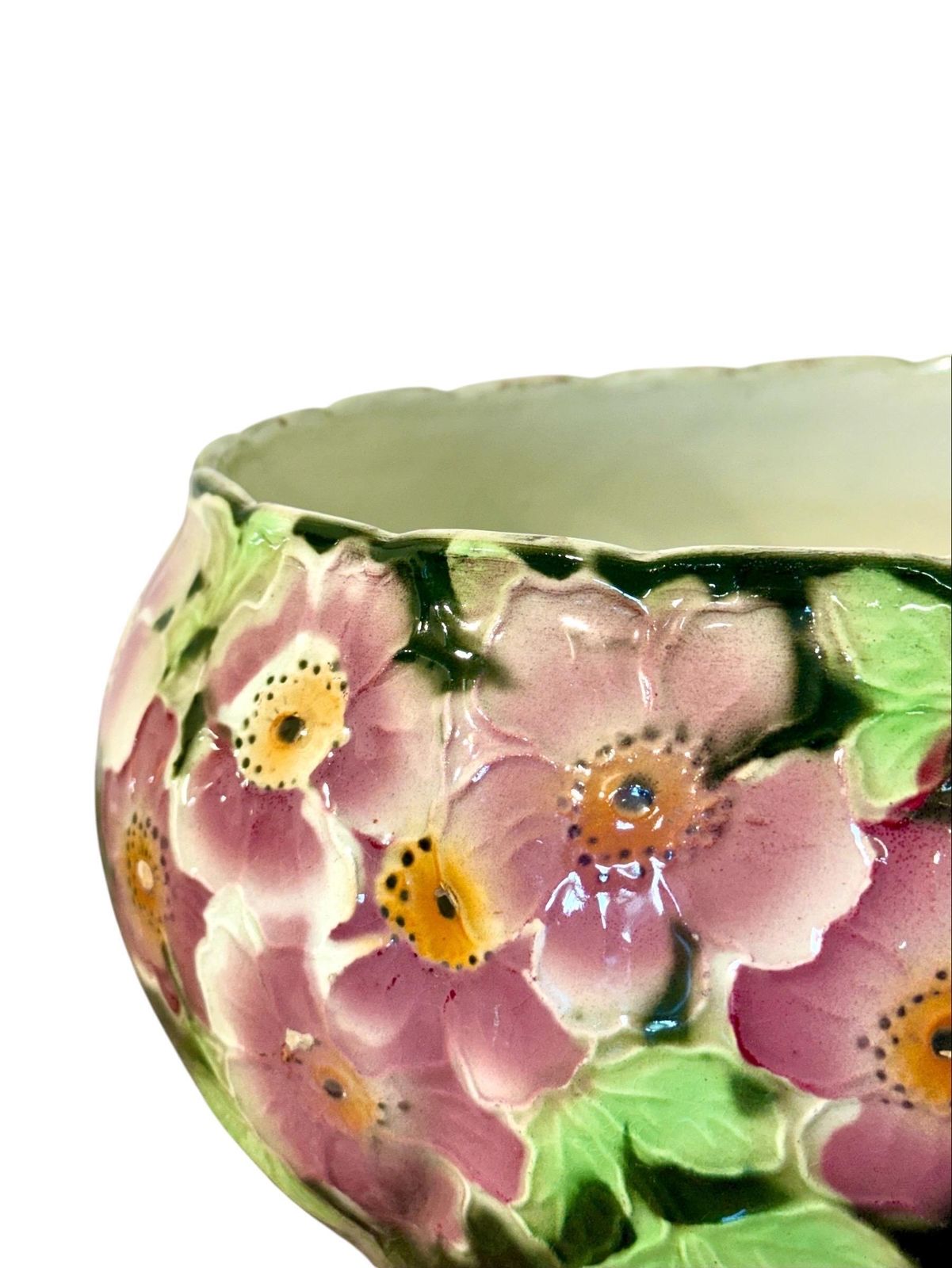 Antique Saint Clément Majolica Jardinière With Pink And Green Floral Motif photo Home Decor