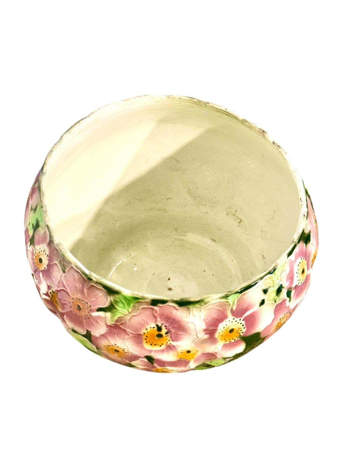 photo furniture Antique Saint Clément Majolica Jardinière With Pink And Green Floral Motif