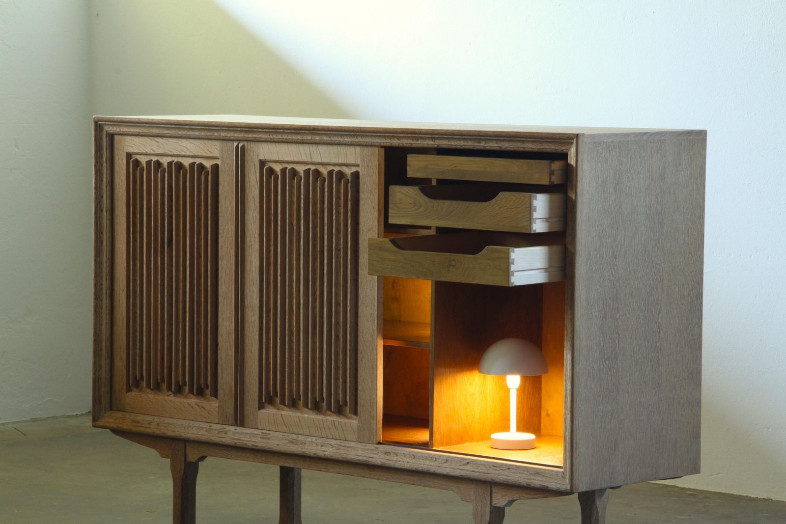 photo buy Vintage Oak Cabinet, Stained Glass Display Denmark 1960s Henning Kjærnulf