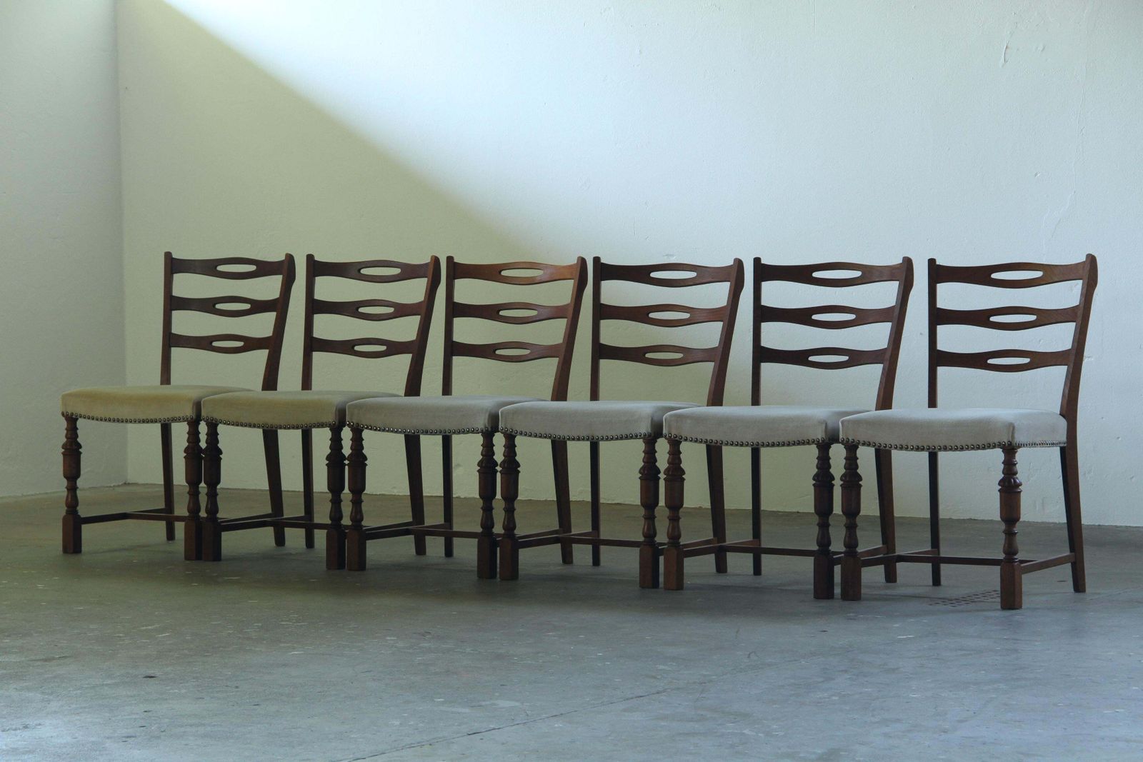 Set Of Six Brutalist Dark Oak Chairs In Light Upholstery, Denmark 1960s photo furniture