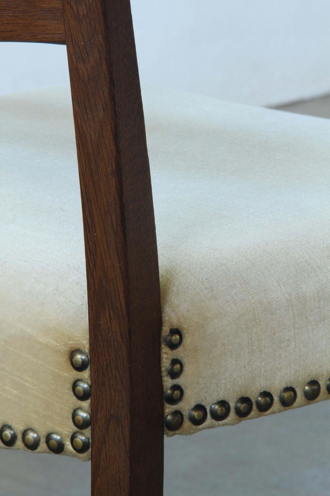 photo buy Set Of Six Brutalist Dark Oak Chairs In Light Upholstery, Denmark 1960s