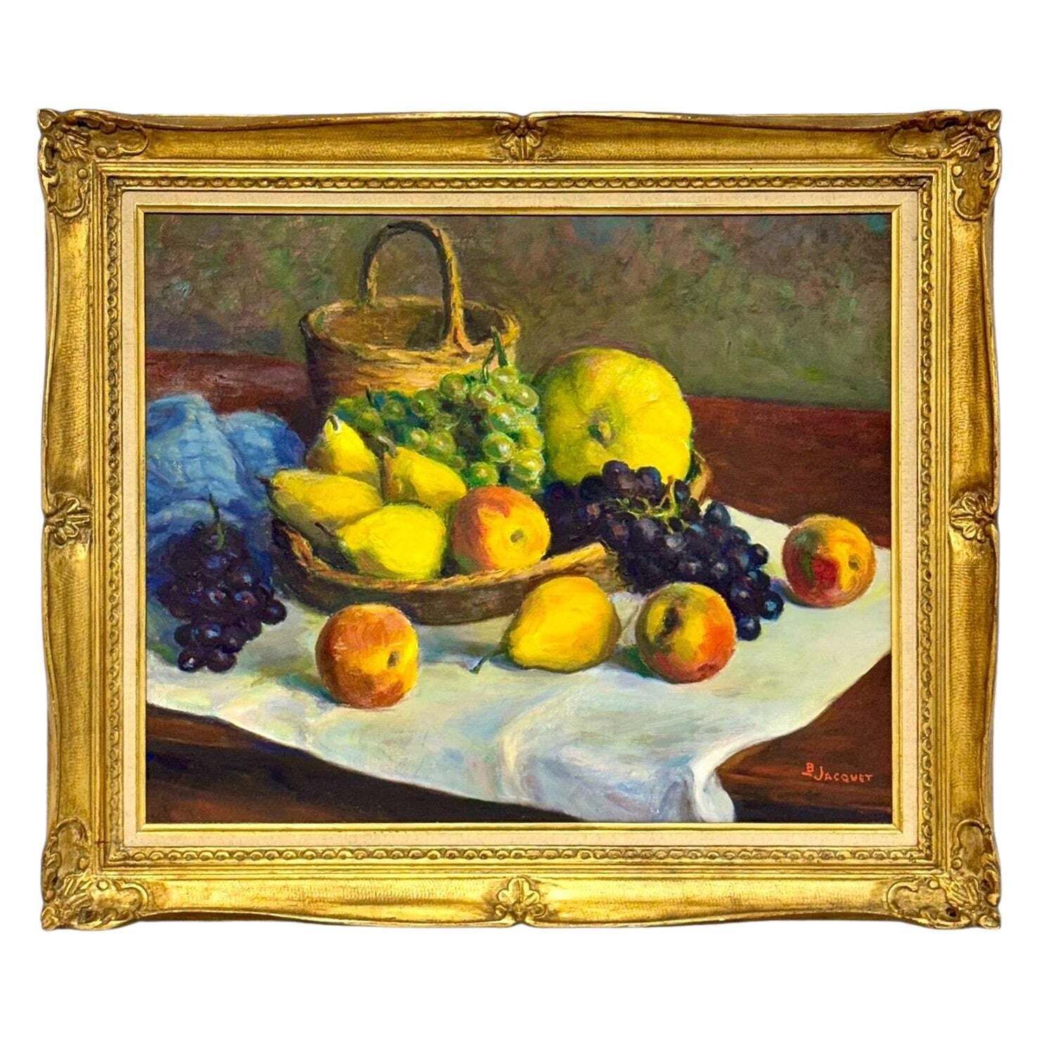 Still Life With Fruit, Oil On Canvas, Signed B. Jacquet, 20th Century