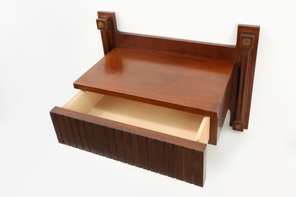 Mid Century Wall Mounted Console In Wood With Brass Details, Italy, 1960s photo for sale