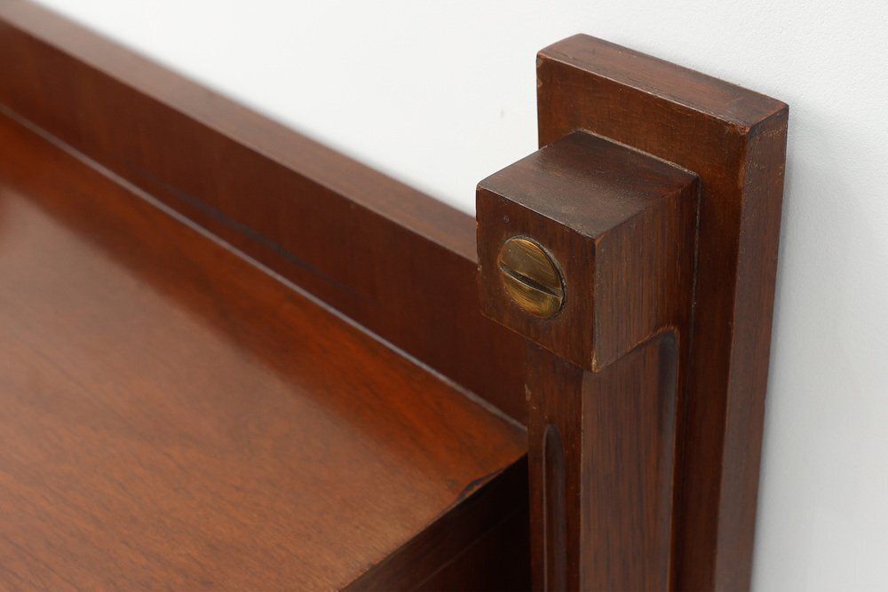 photo for sale Mid Century Wall Mounted Console In Wood With Brass Details, Italy, 1960s