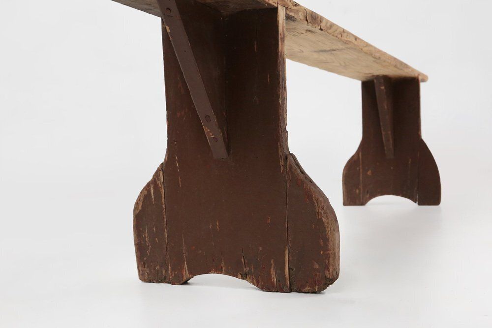 photo furniture Rustic Wooden Bench With Brown Painted Feet, France, 1890s
