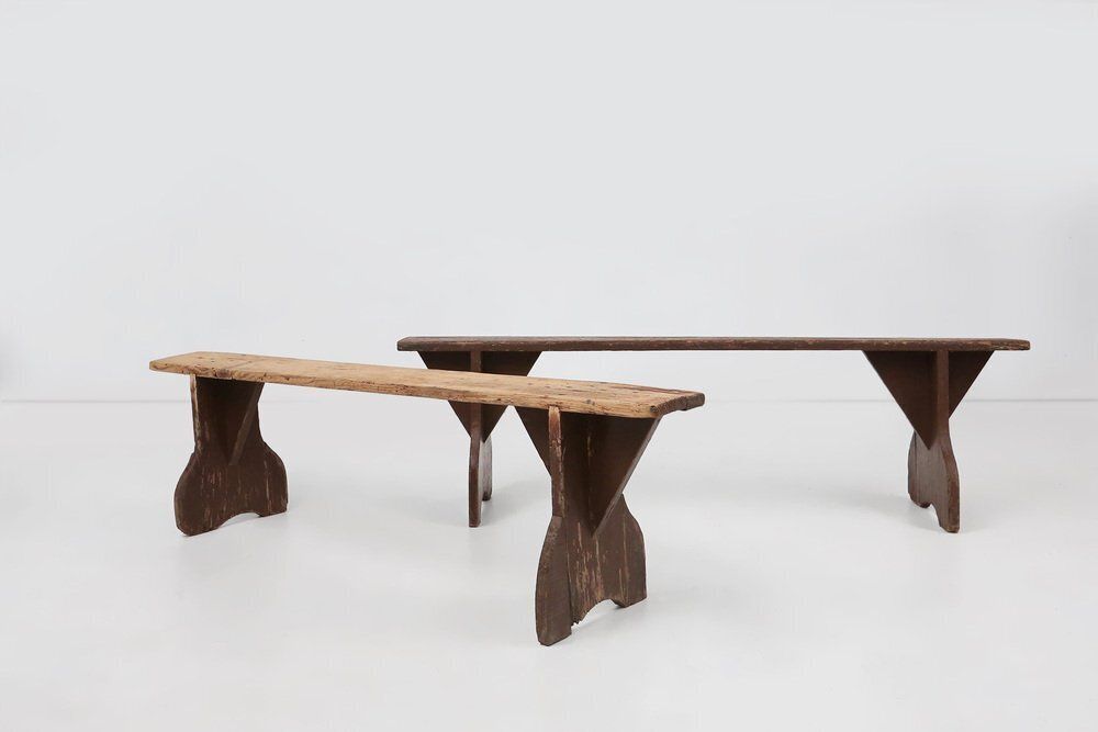 photo for sale Rustic Wooden Bench With Brown Painted Feet, France, 1890s