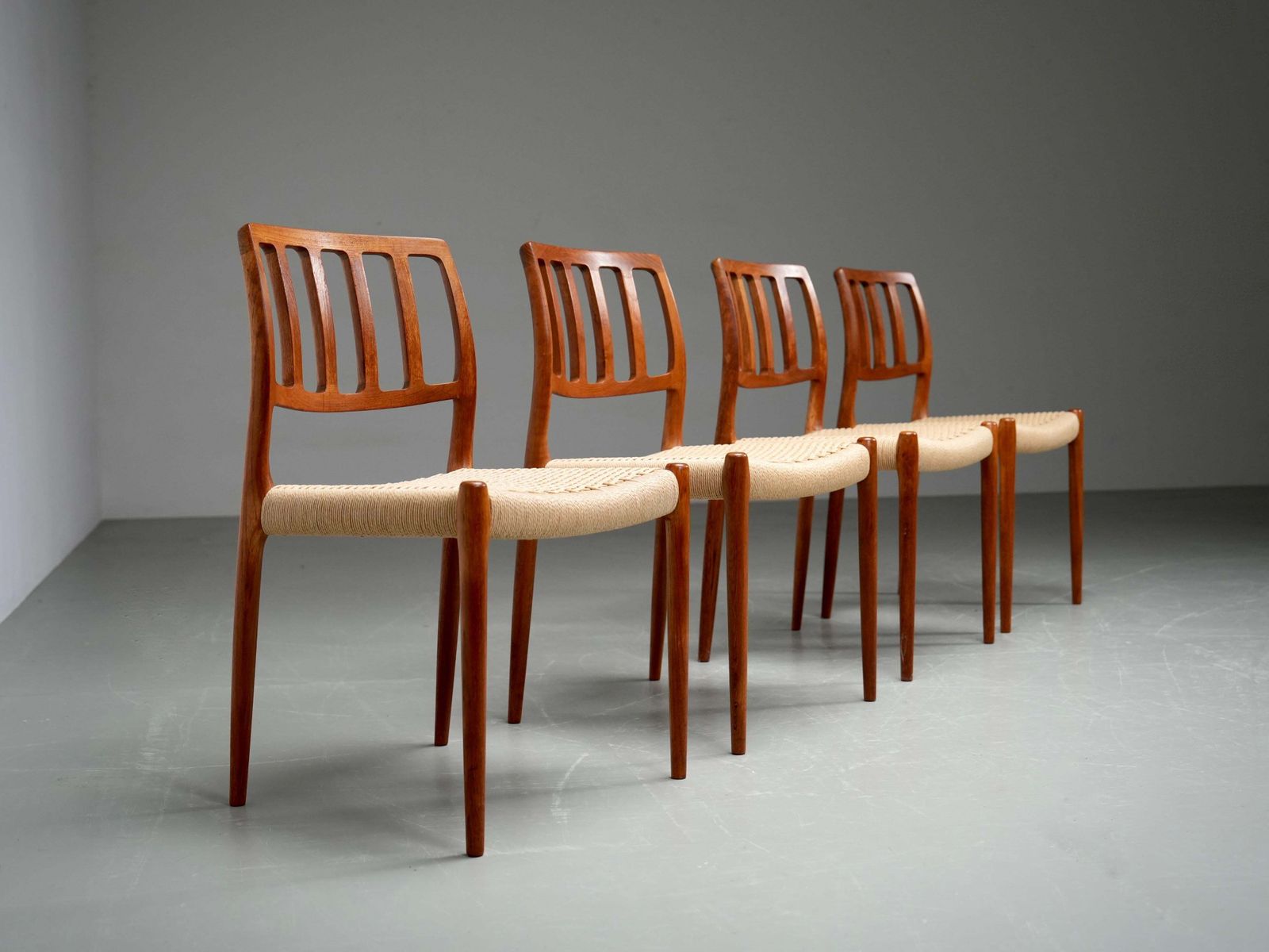 Set Of 4 Niels Otto Møller Dining Chairs In Teak And Papercord, Denmark, 1960's photo vintage