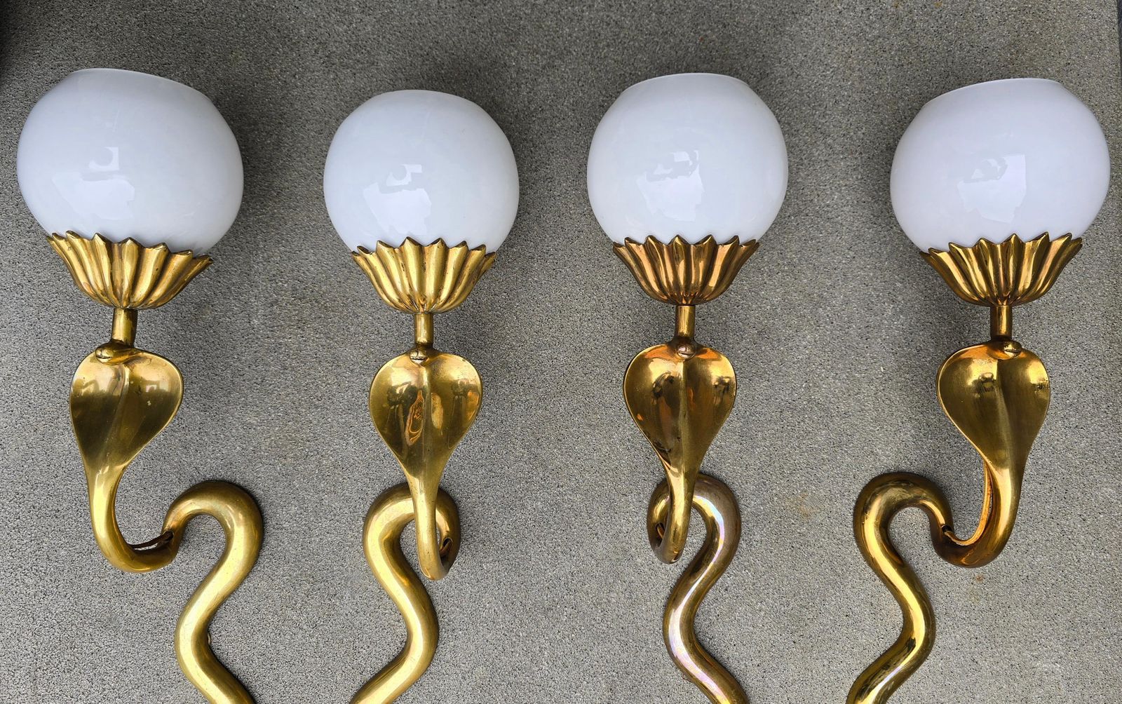 Pair Of Brass Cobra Snake Wall Lights With Opaline Glass Shades, 1970s photo Lighting