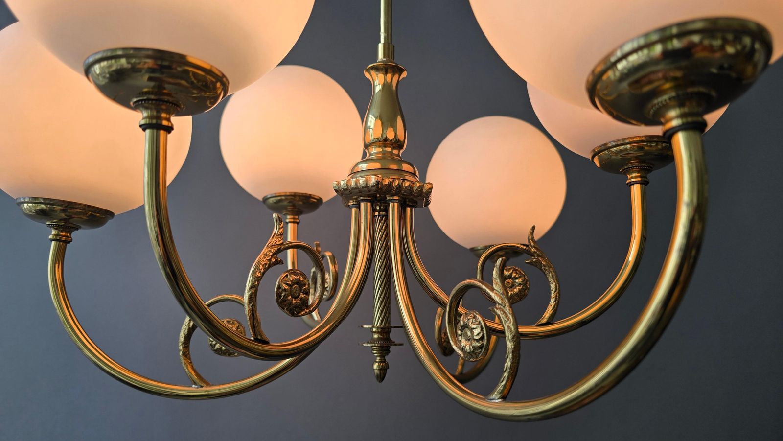 Mid Century Brass Chandelier With Six Opaline Glass Globes photo Lighting