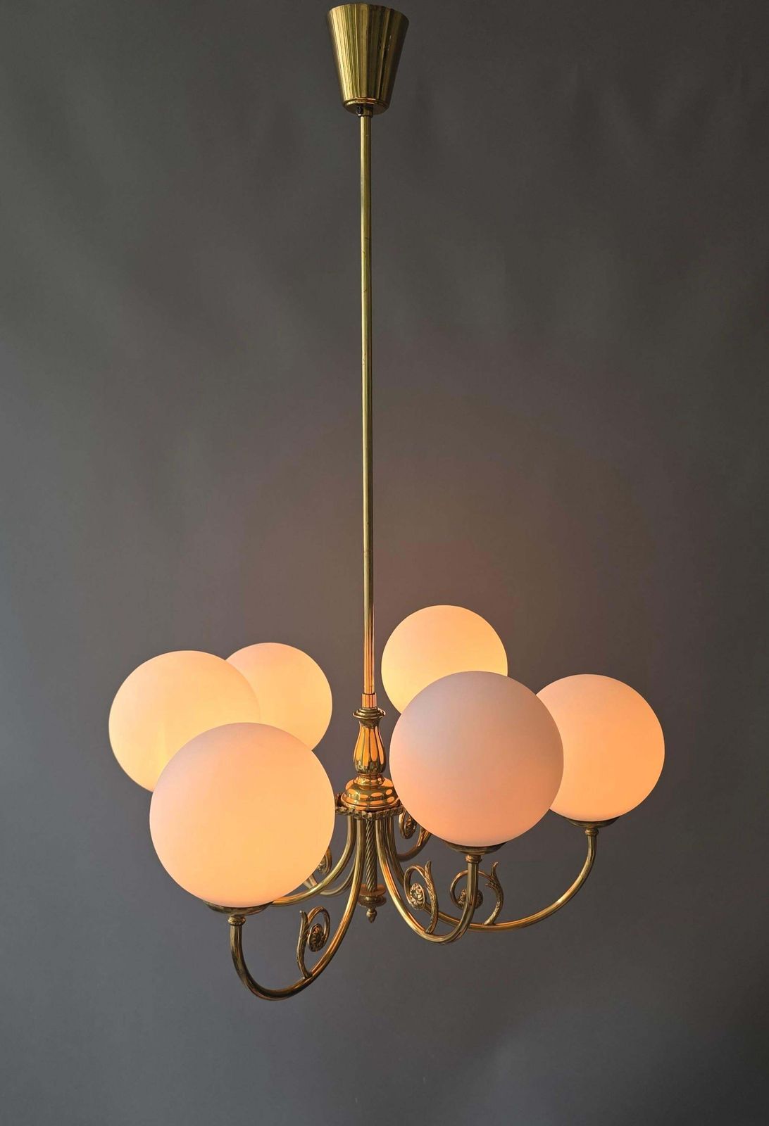 Mid Century Brass Chandelier With Six Opaline Glass Globes photo vinterior